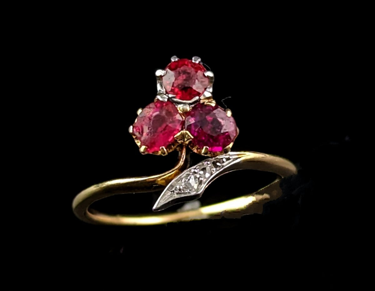 Antique At Nouveau Shamrock ring, Ruby, Diamond and Garnet doublet, 18ct gold and platinum