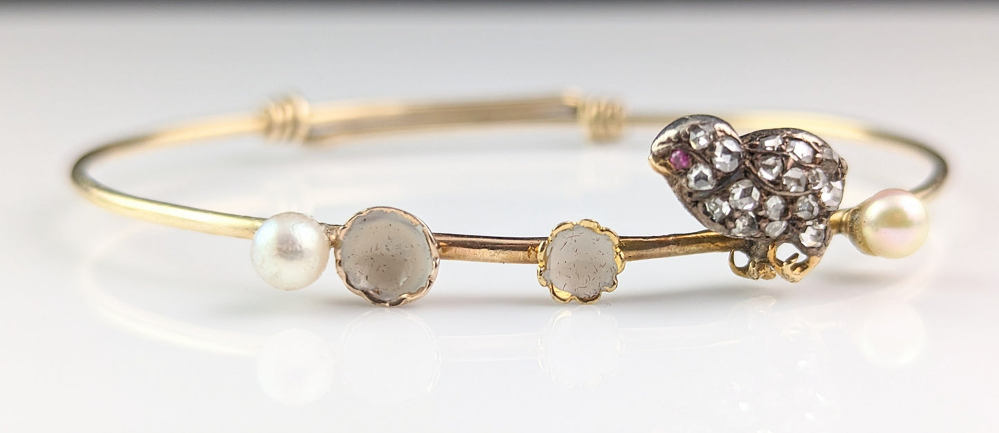 Antique Diamond Chick bangle, Pearl, Ruby and White Enamel, 12ct gold