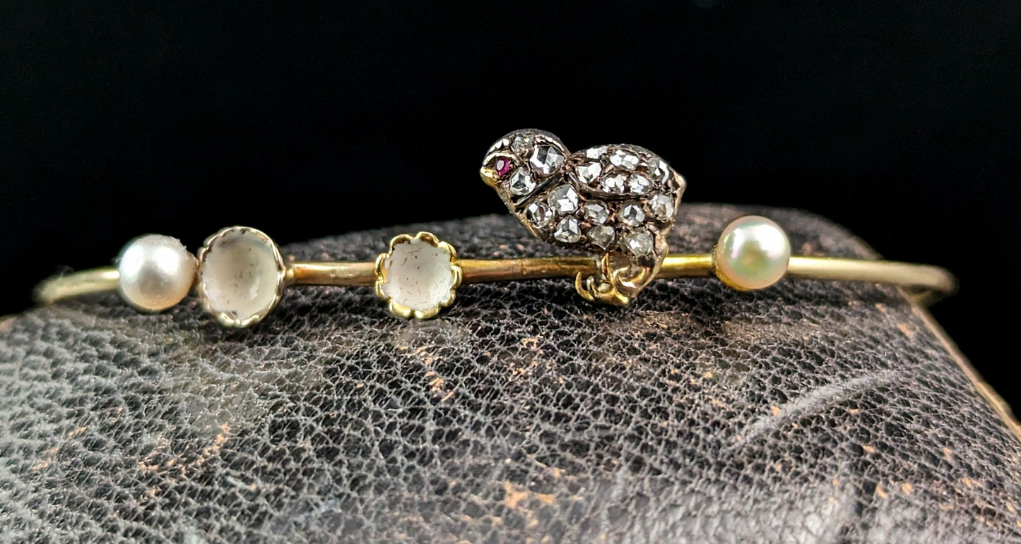Antique Diamond Chick bangle, Pearl, Ruby and White Enamel, 12ct gold