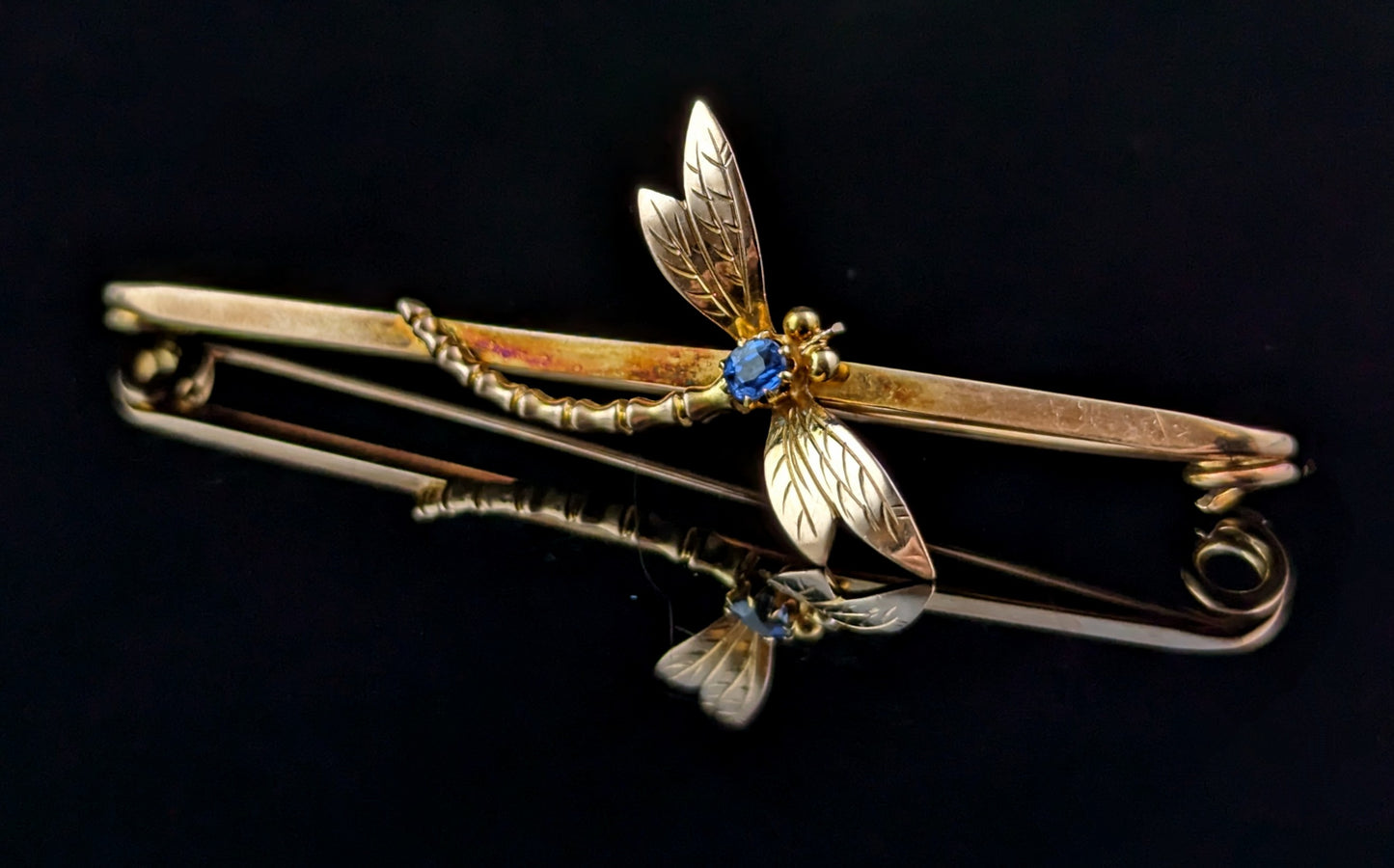 Antique Sapphire Dragonfly brooch, 9ct yellow gold, Art Nouveau