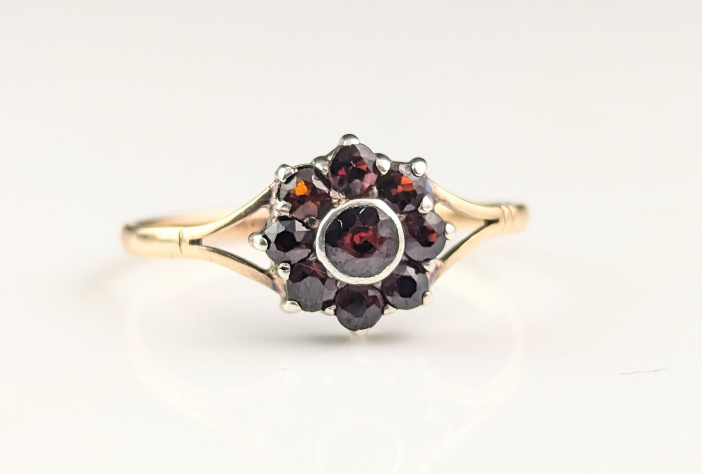 Antique Garnet flower cluster ring, 9ct gold and silver