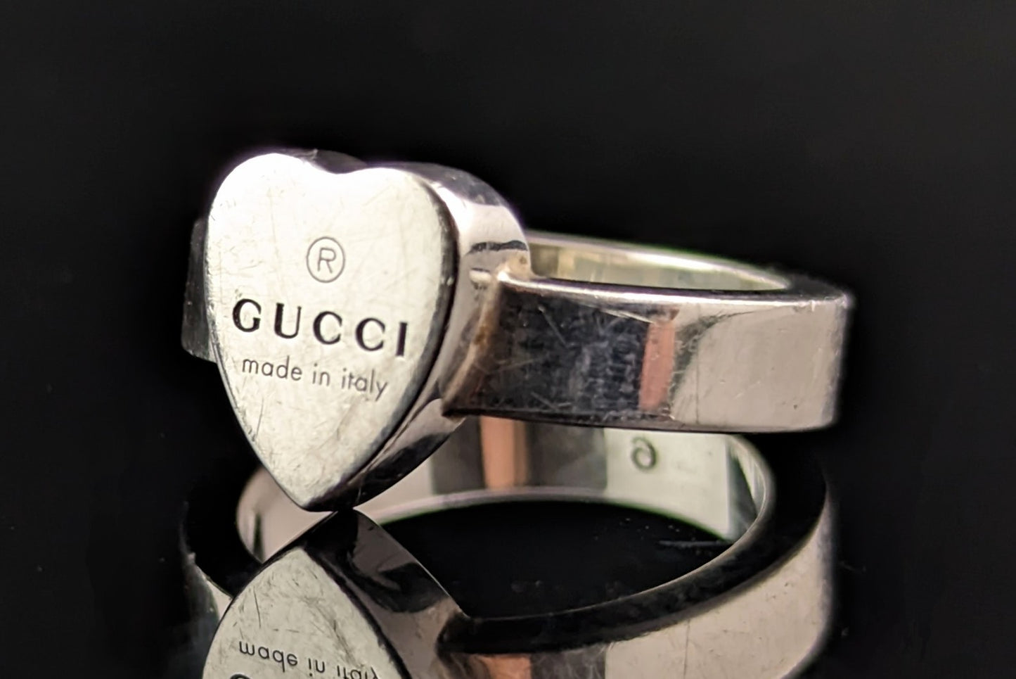 Gucci sterling silver heart trademark ring, boxed