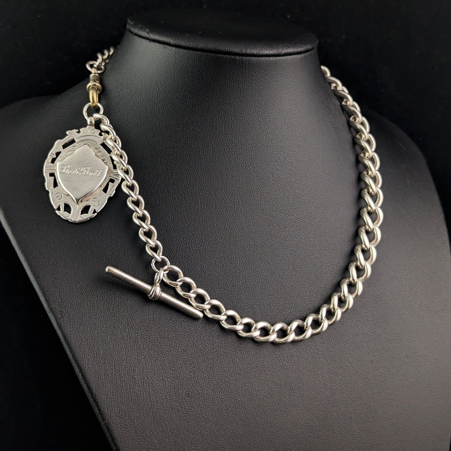 Antique Sterling silver Albert chain, watch chain necklace, Heavy