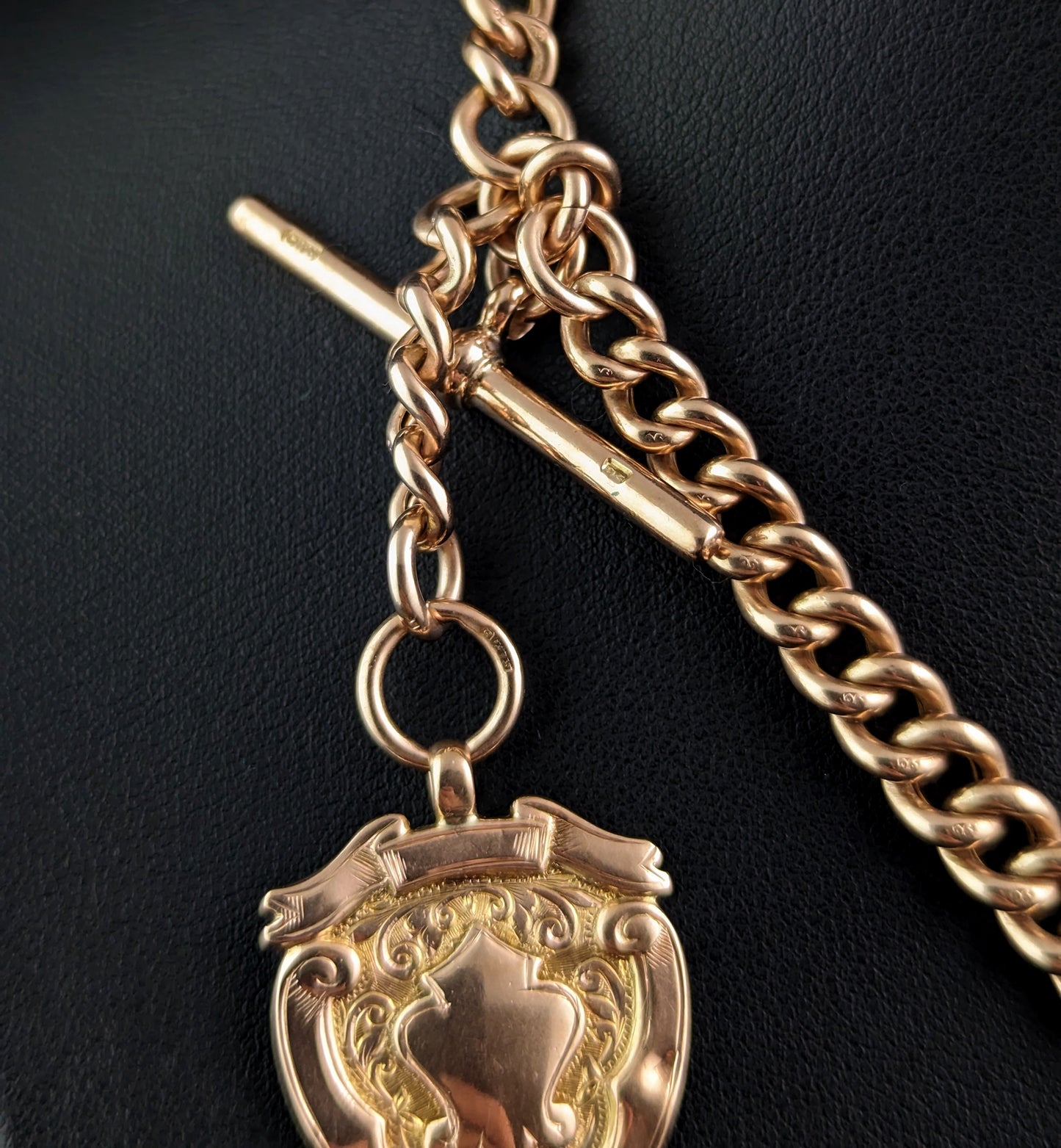 Vintage Art Deco 9ct rose gold Albert chain, shield fob