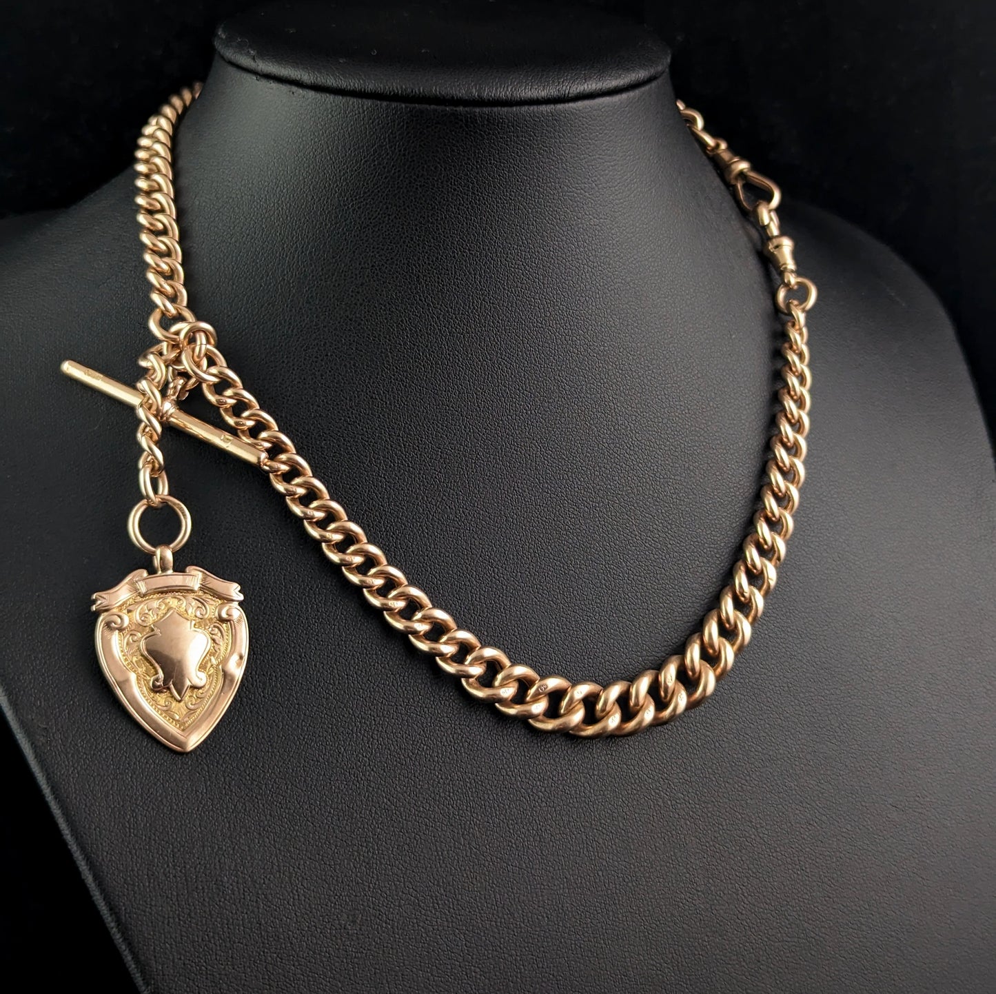 Vintage Art Deco 9ct rose gold Albert chain, shield fob