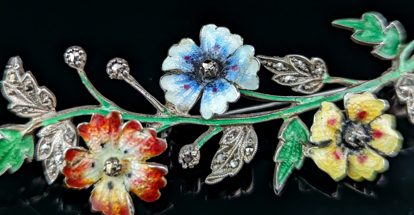Vintage marcasite and enamel flower brooch, 800 silver