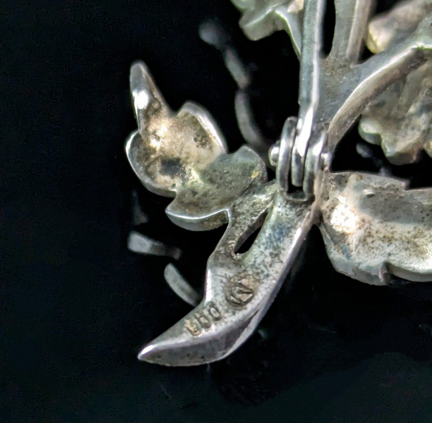 Vintage marcasite and enamel flower brooch, 800 silver
