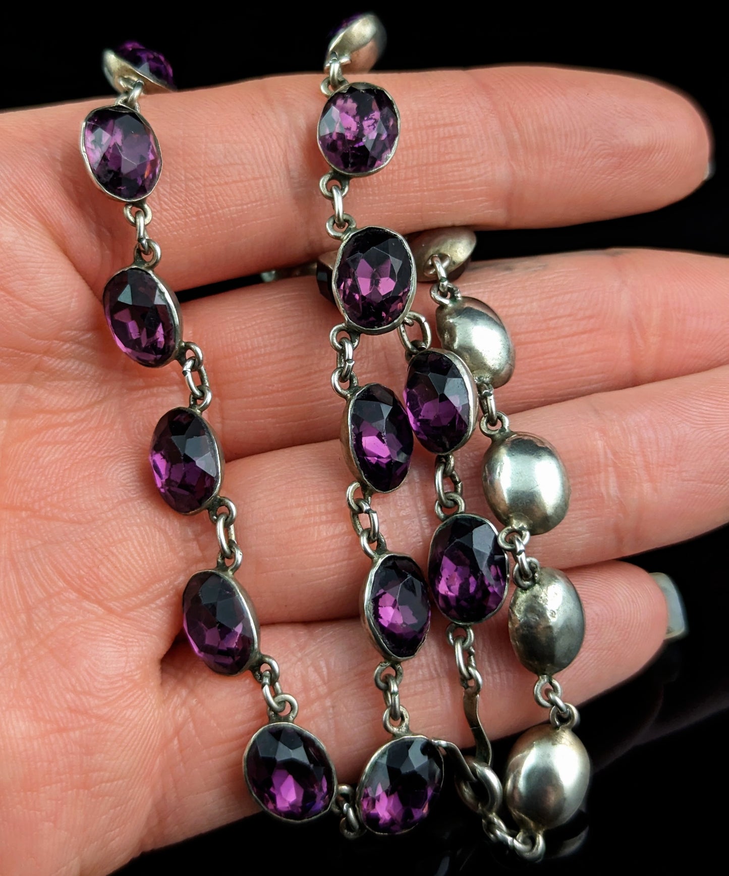 Antique Amethyst paste riviere necklace, sterling silver, 19th Century