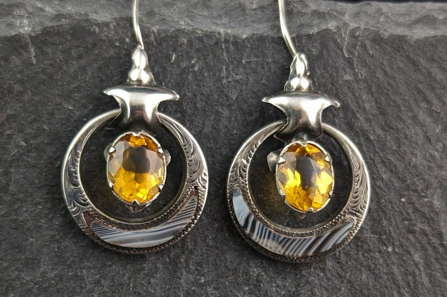 Antique Victorian Scottish agate drop earrings, Sterling silver
