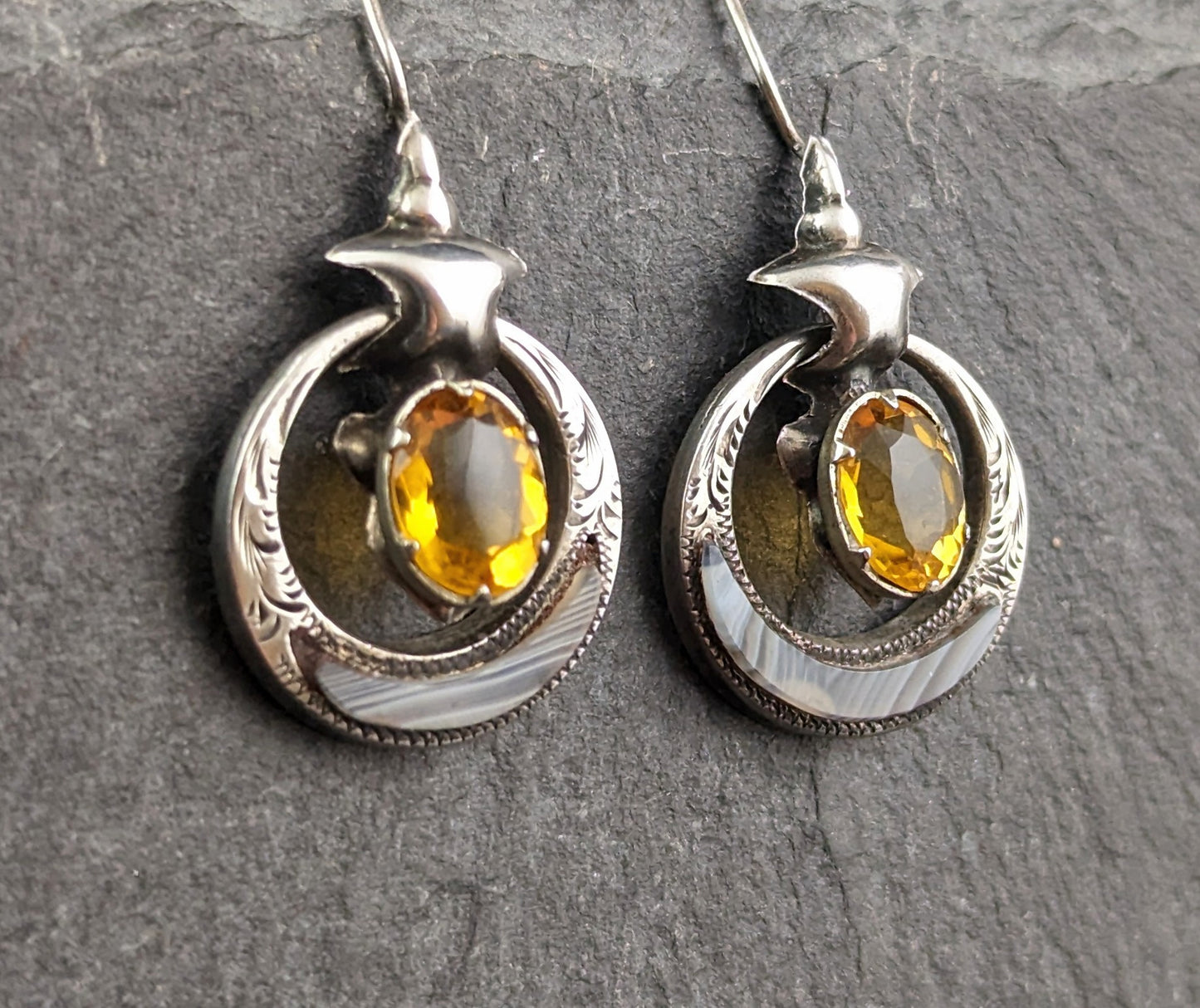 Antique Victorian Scottish agate drop earrings, Sterling silver