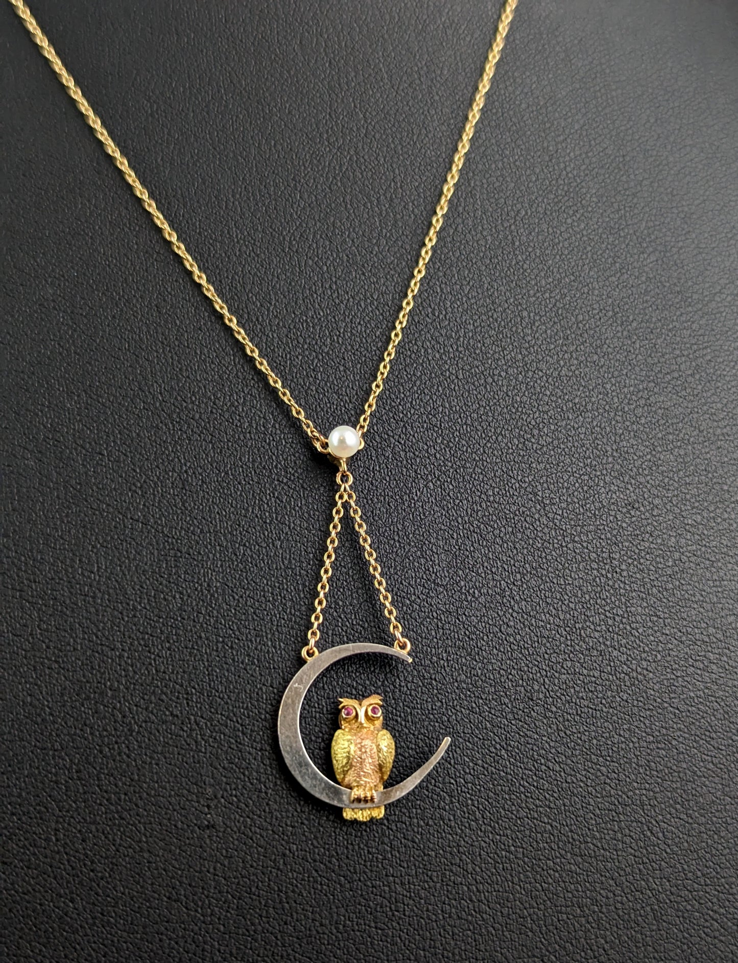 Antique Owl and Crescent moon pendant necklace, 15ct gold and Platinum, Ruby and Pearl