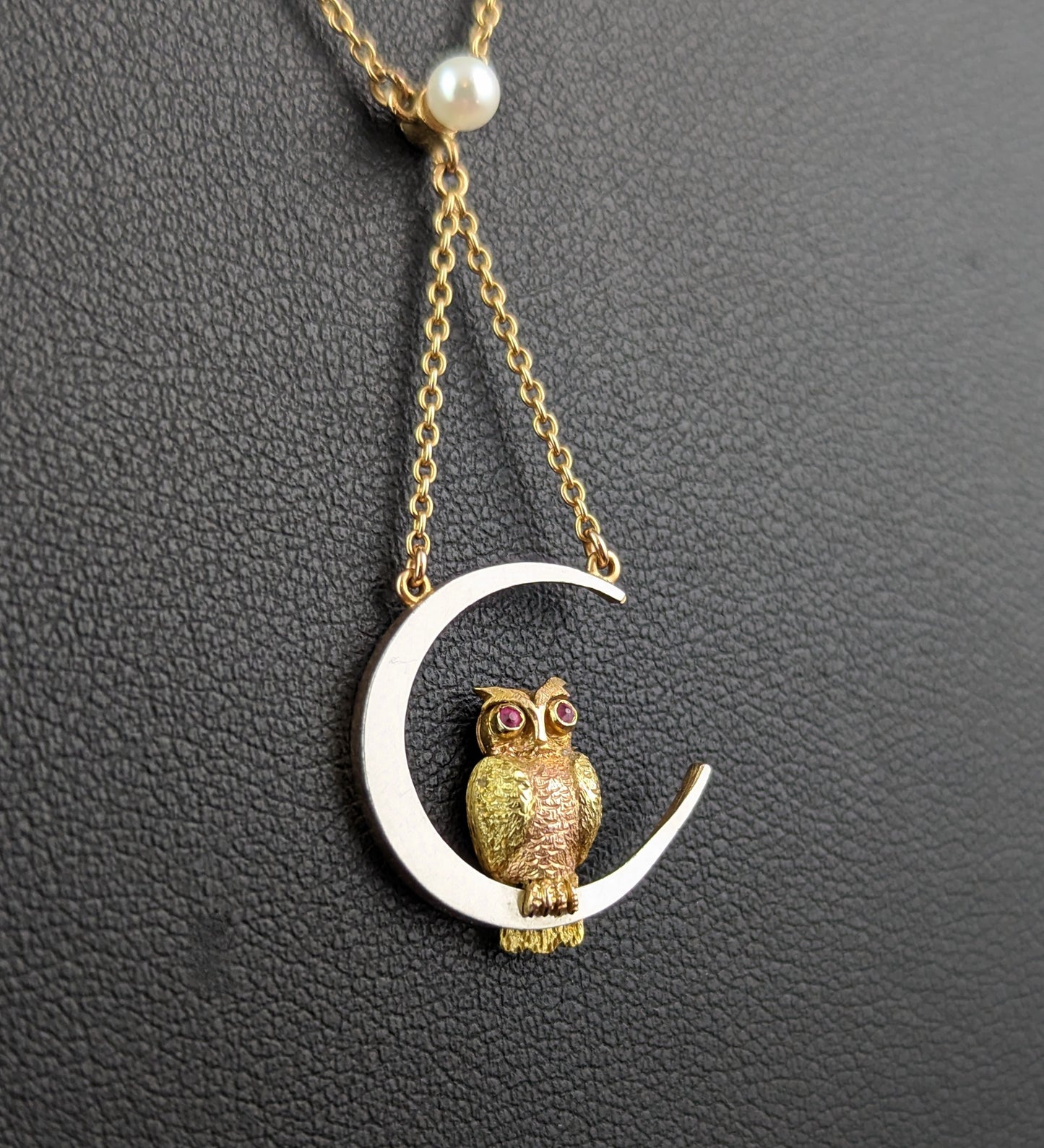 Antique Owl and Crescent moon pendant necklace, 15ct gold and Platinum, Ruby and Pearl