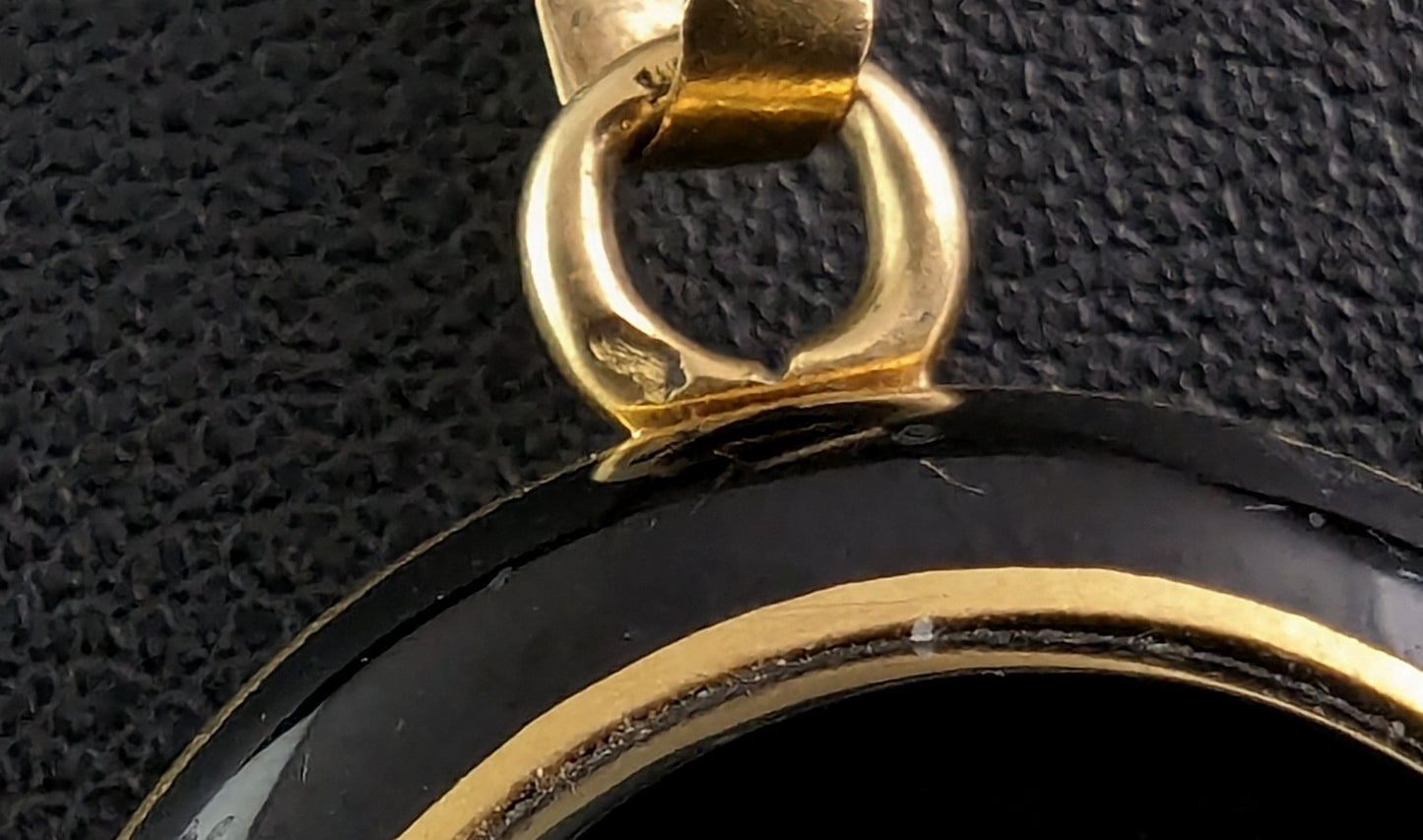 Antique French Mourning locket, Black onyx and 18ct gold, Remember