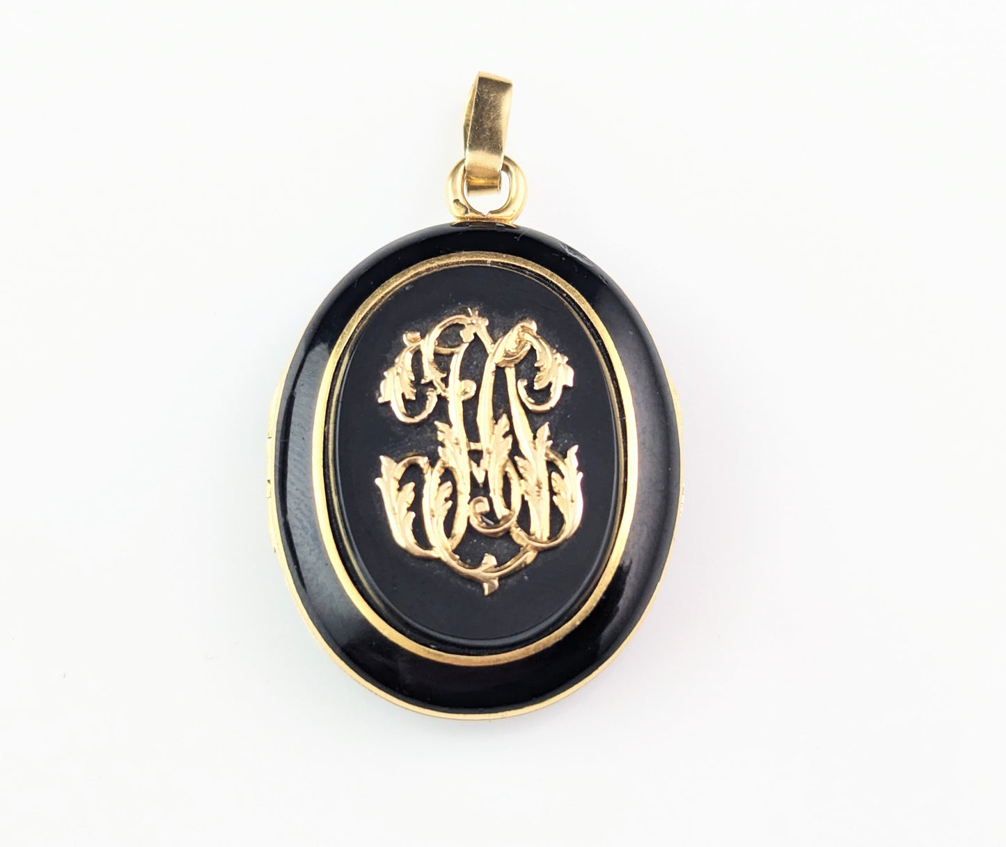 Antique French Mourning locket, Black onyx and 18ct gold, Remember