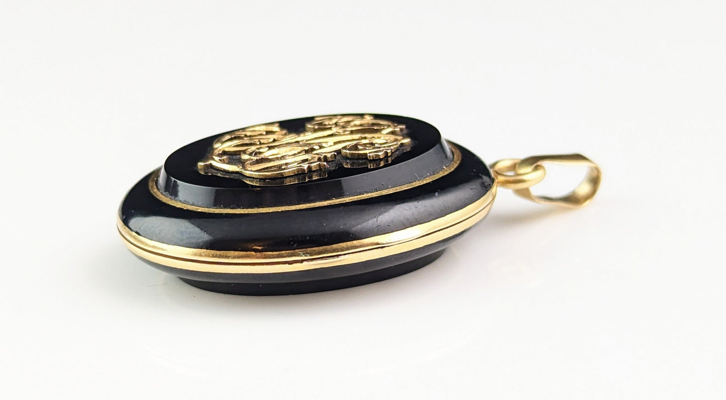 Antique French Mourning locket, Black onyx and 18ct gold, Remember