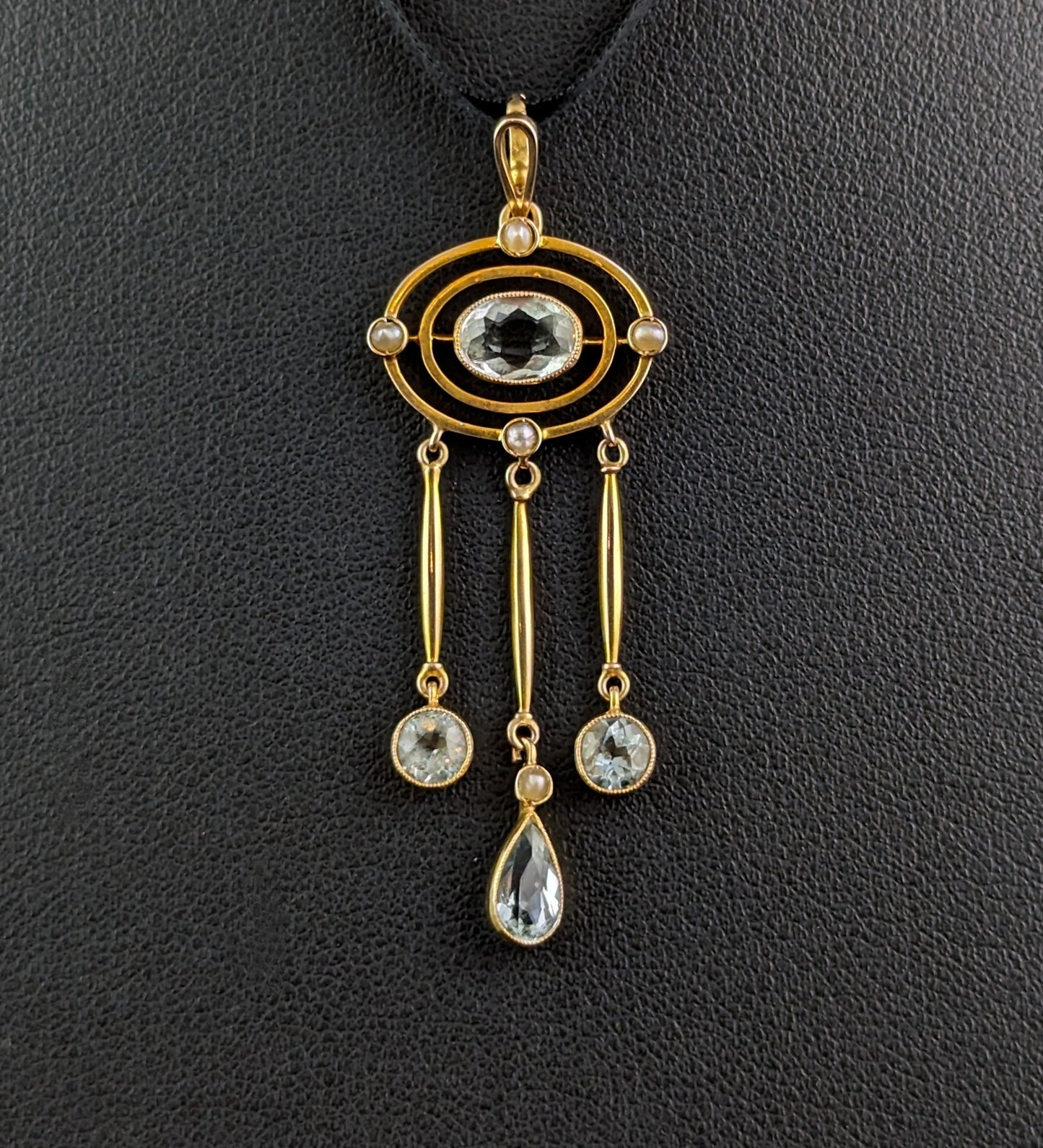 Antique Aquamarine triple drop pendant, 15ct gold, Pearl, Art Nouveau