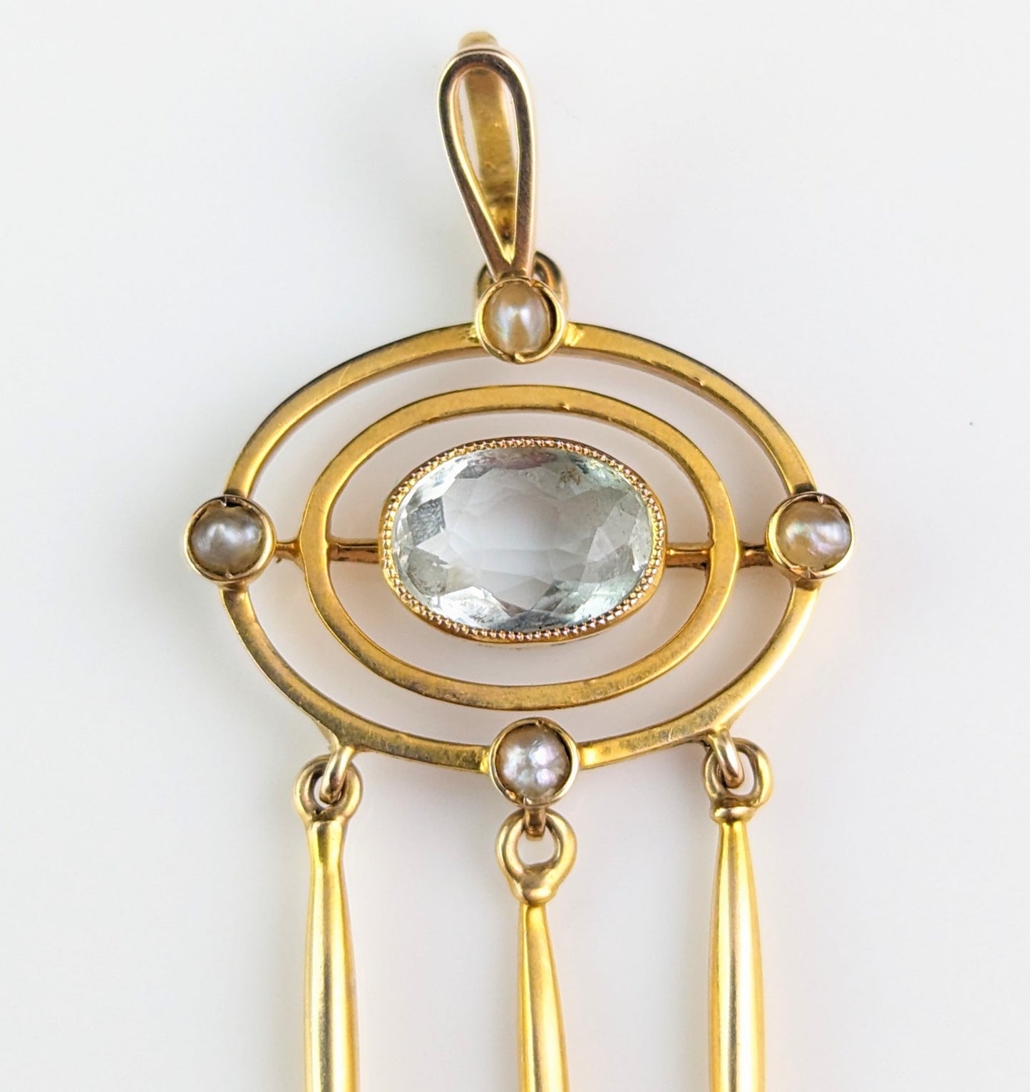 Antique Aquamarine triple drop pendant, 15ct gold, Pearl, Art Nouveau