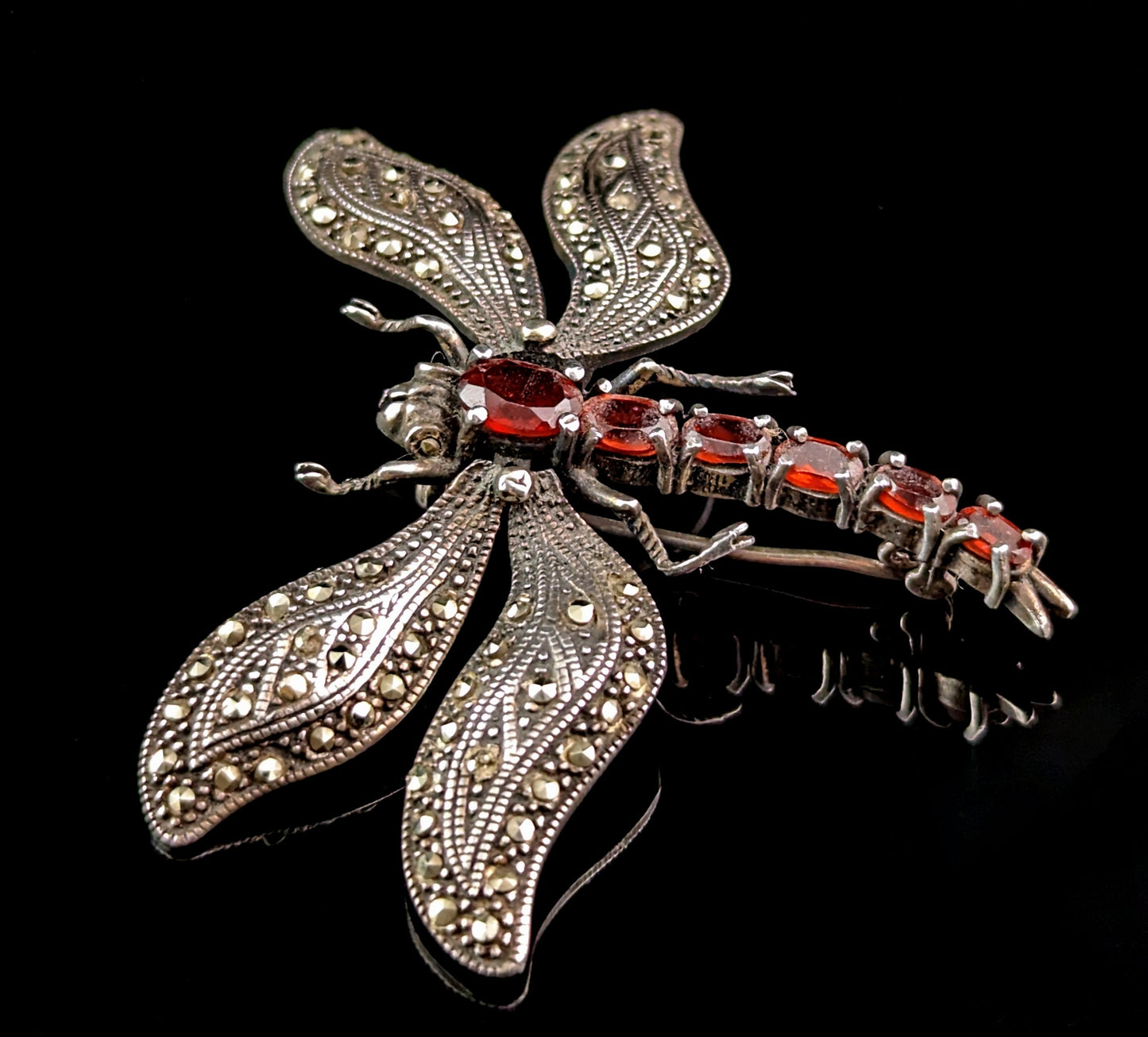 Vintage Sterling silver Dragonfly brooch, Marcasite and Garnet