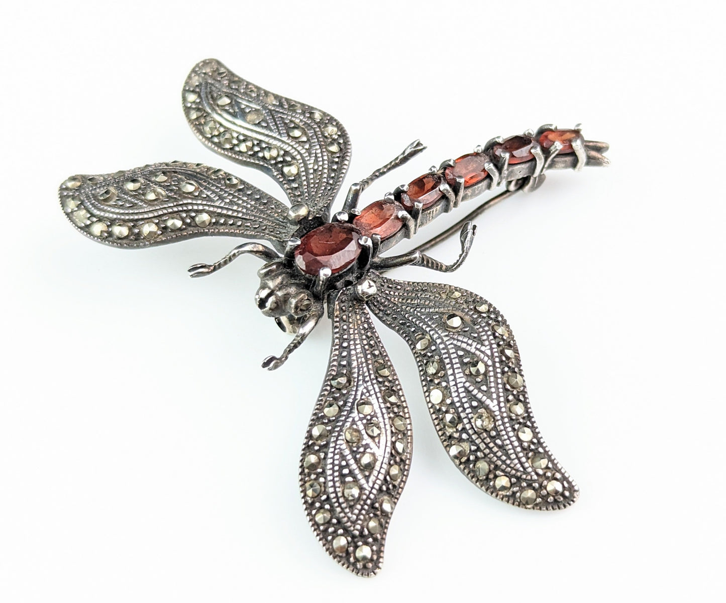 Vintage Sterling silver Dragonfly brooch, Marcasite and Garnet