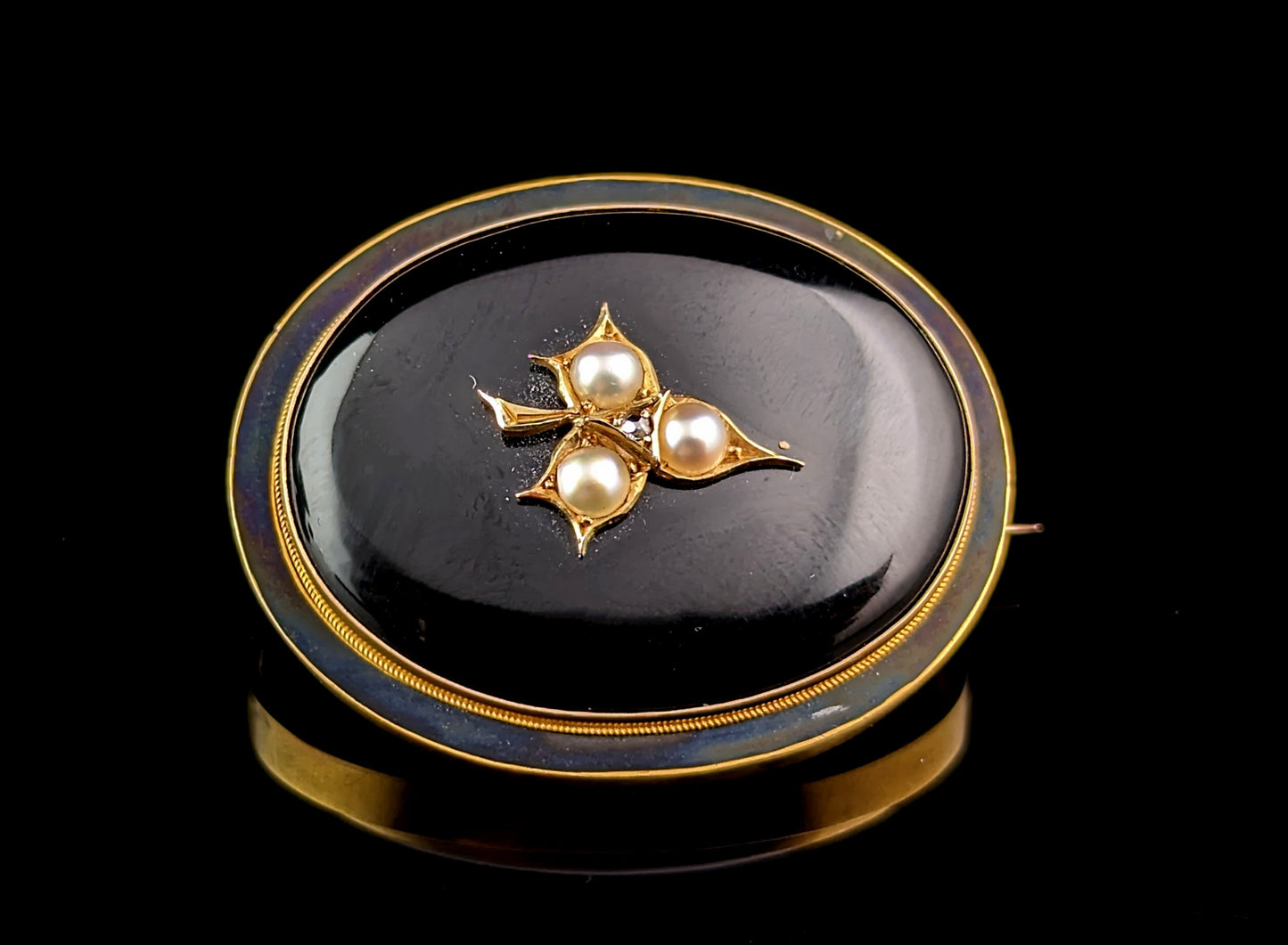 Antique Mourning brooch, Onyx, Pearl and Diamond, 15ct gold, Ivy leaf