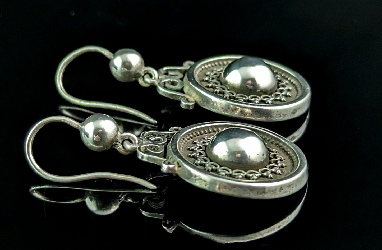 Antique Victorian sterling silver target earrings, drop earrings