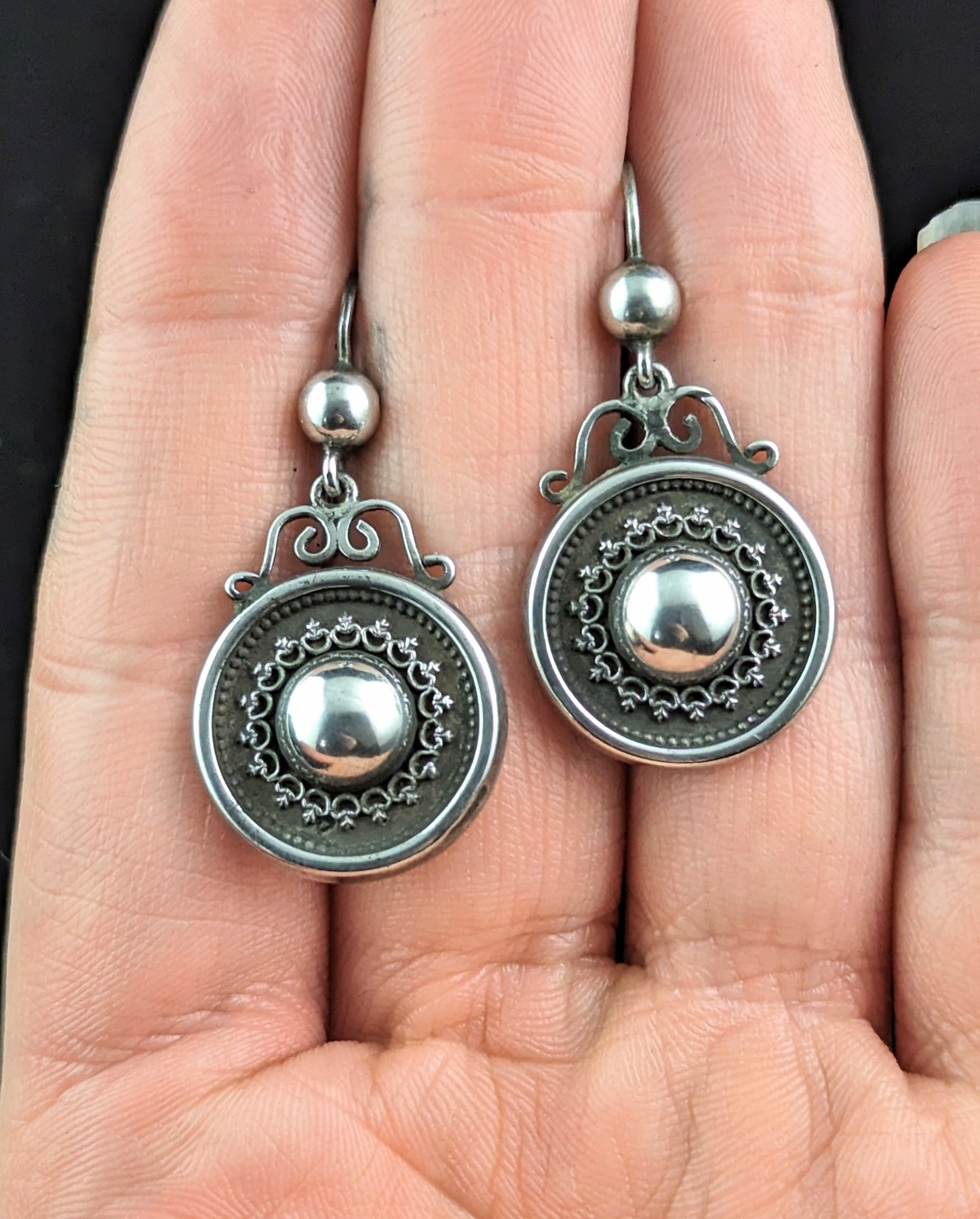 Antique Victorian sterling silver target earrings, drop earrings