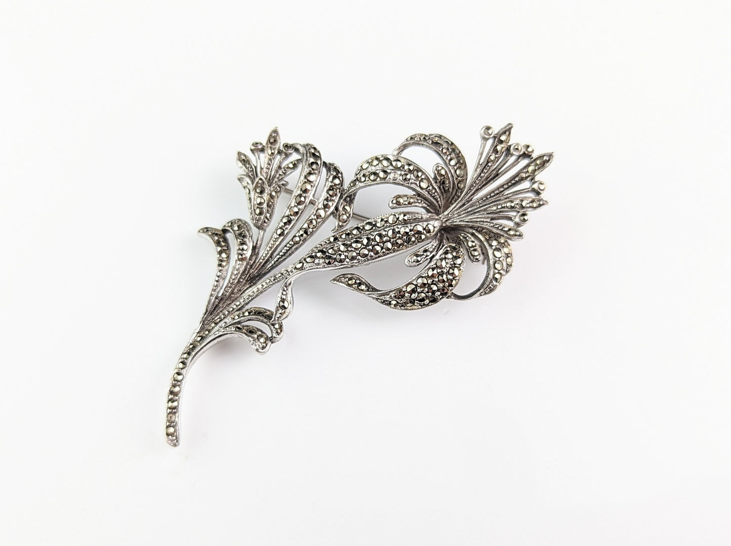 Vintage sterling silver and marcasite flower brooch, large