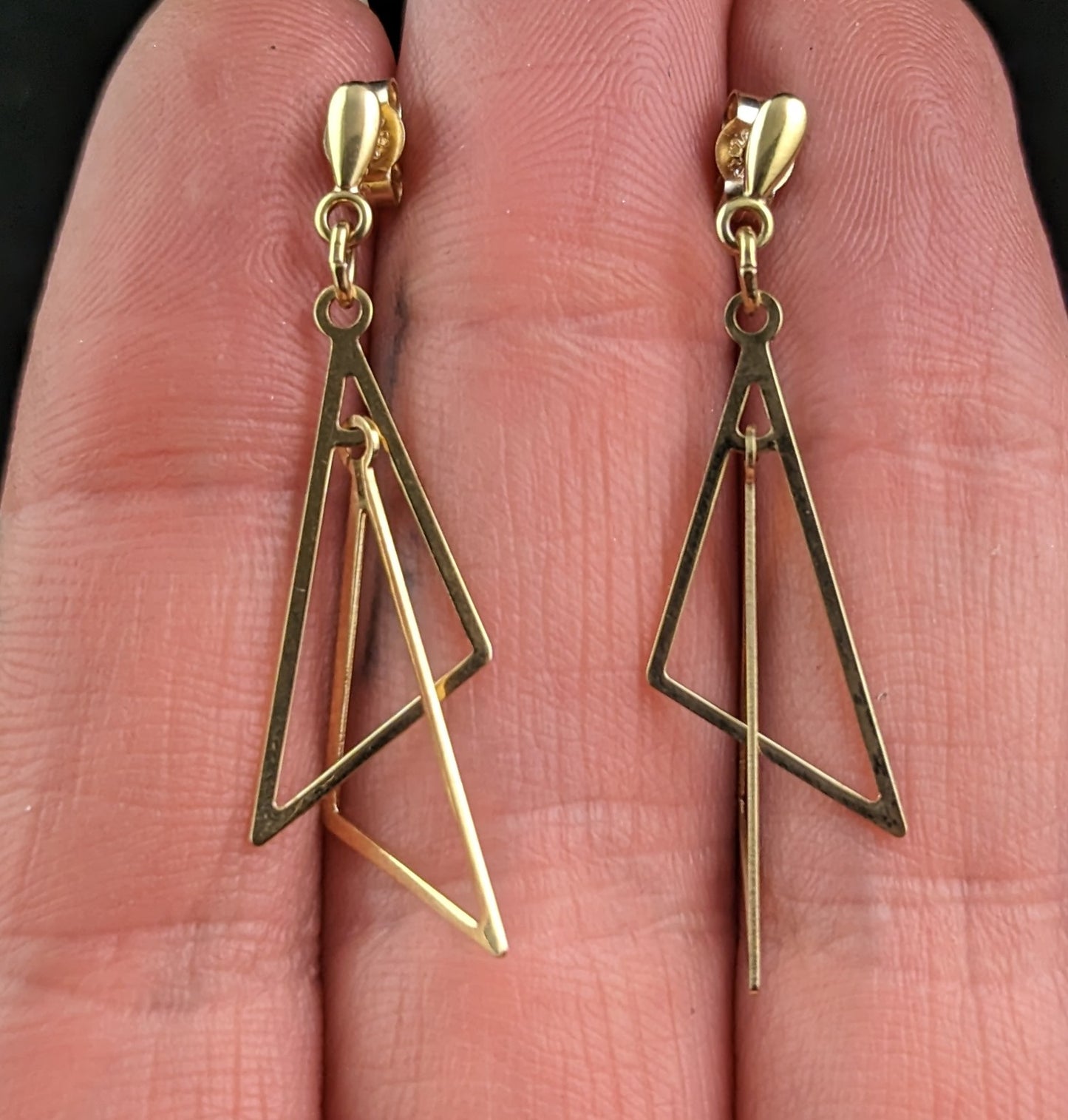 Vintage 9ct gold triangle drop earrings, 1980s