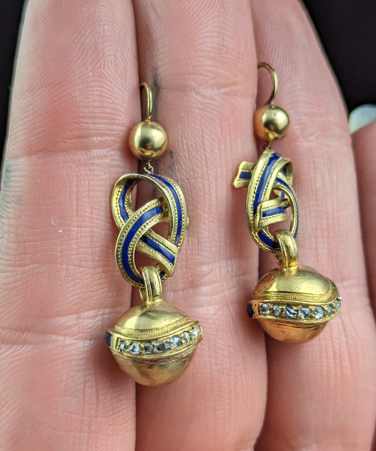 Antique Victorian Diamond lovers knot earrings, 15ct gold and Blue enamel