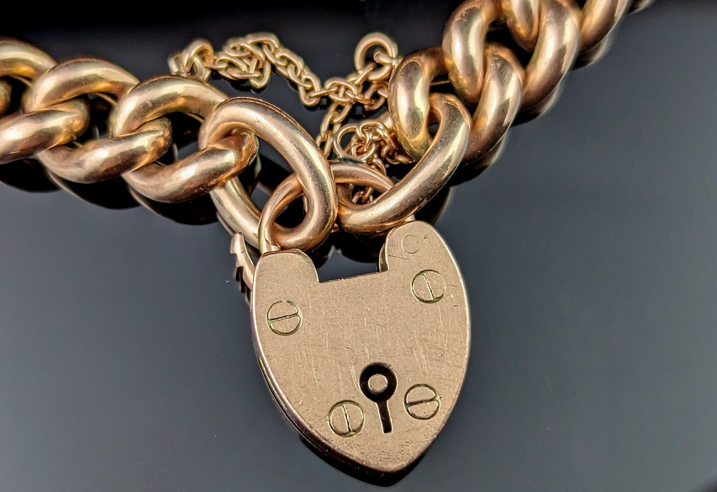 Antique Victorian 9ct gold curb link bracelet, chunky, heart padlock