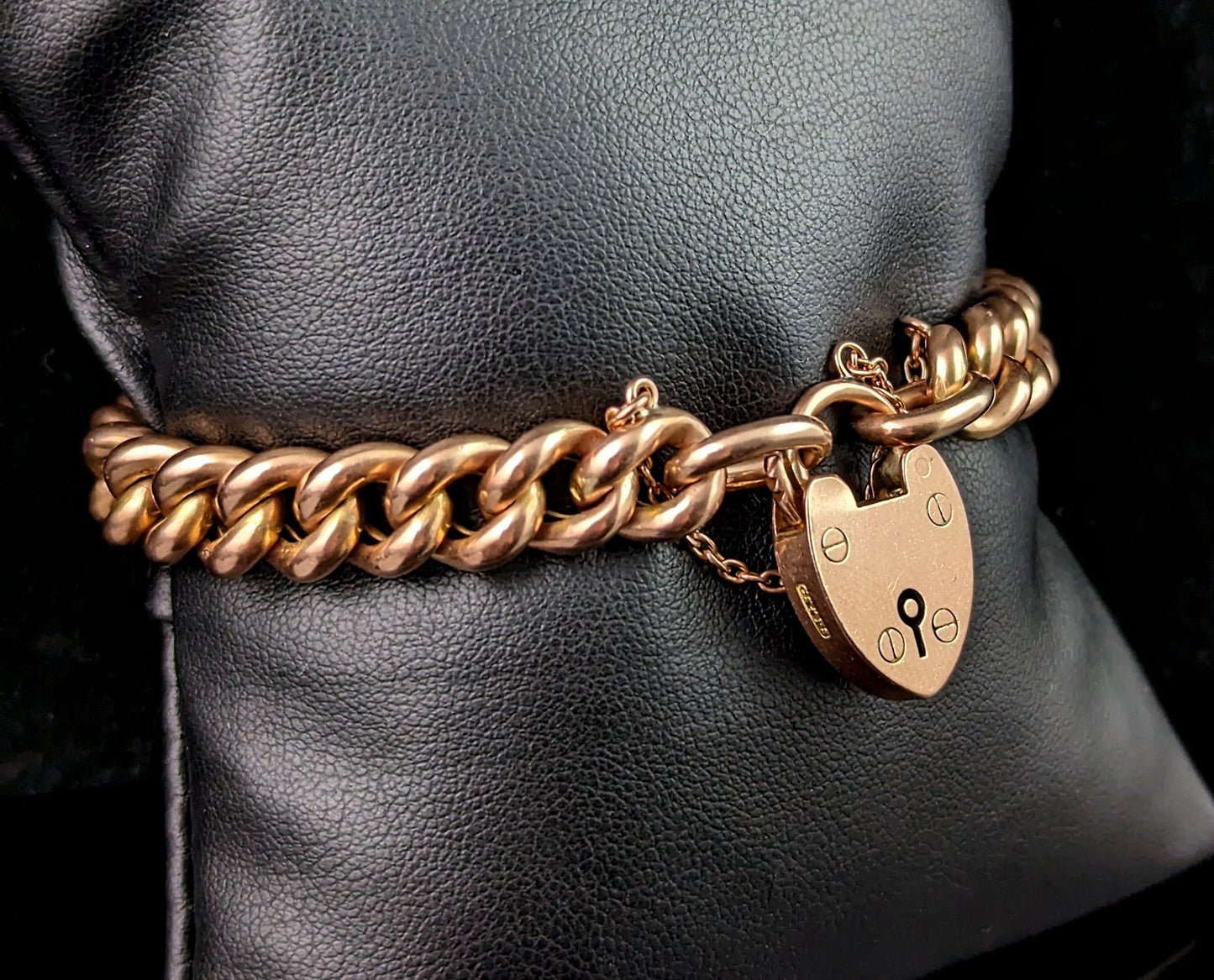 Antique Victorian 9ct gold curb link bracelet, chunky, heart padlock