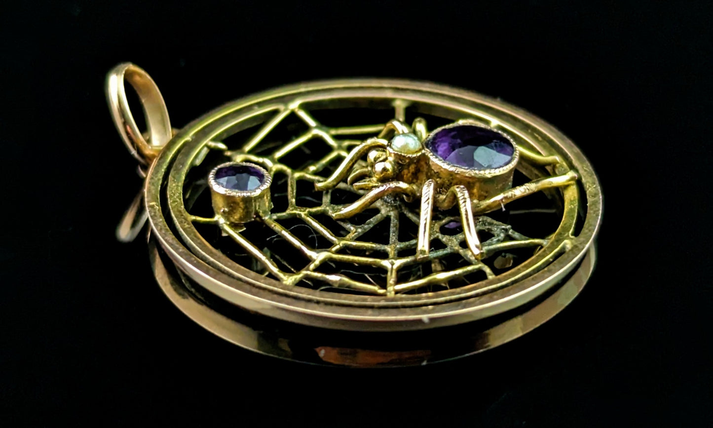 Antique Spider and Web pendant, Amethyst, 9ct gold