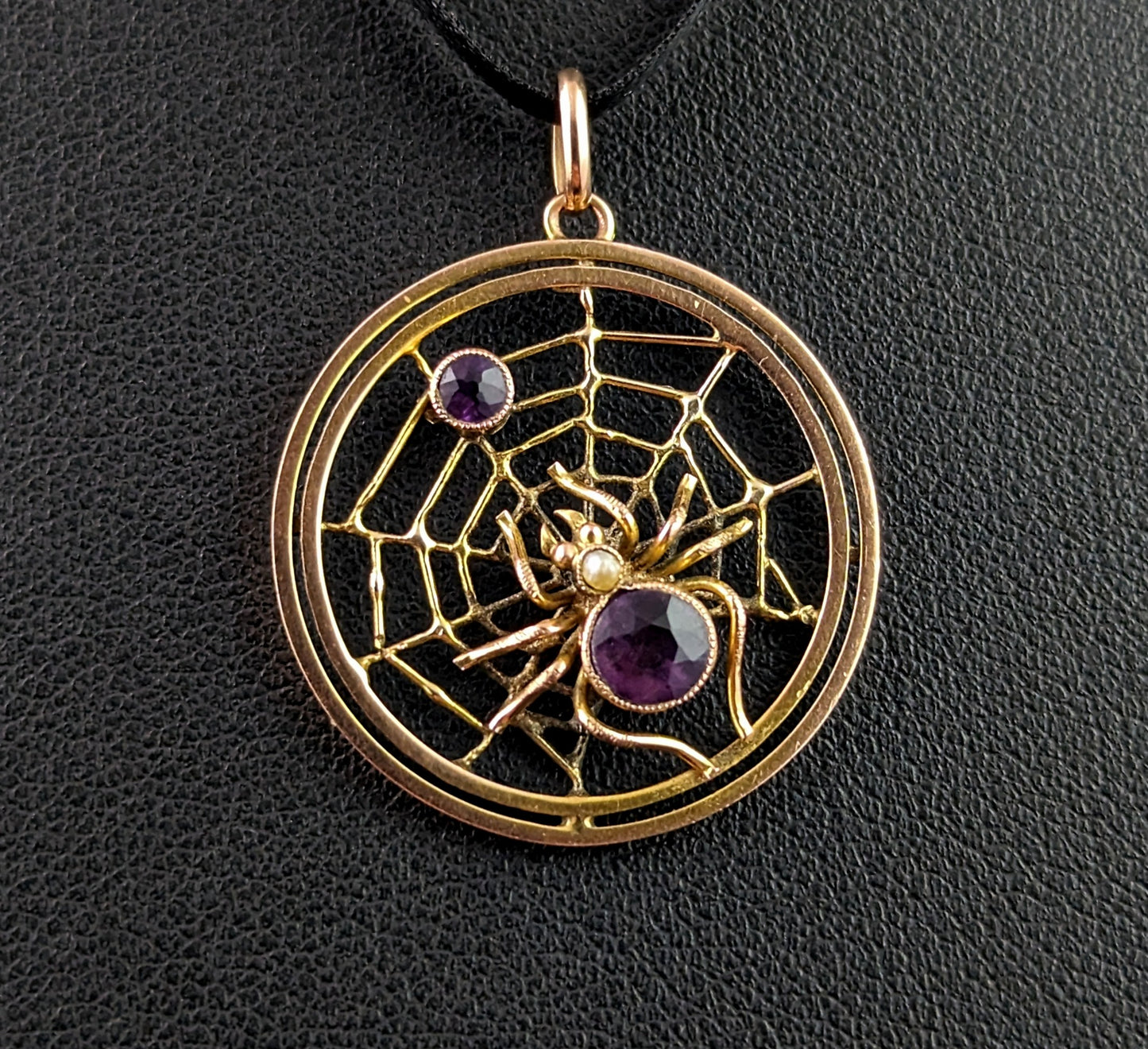 Antique Spider and Web pendant, Amethyst, 9ct gold