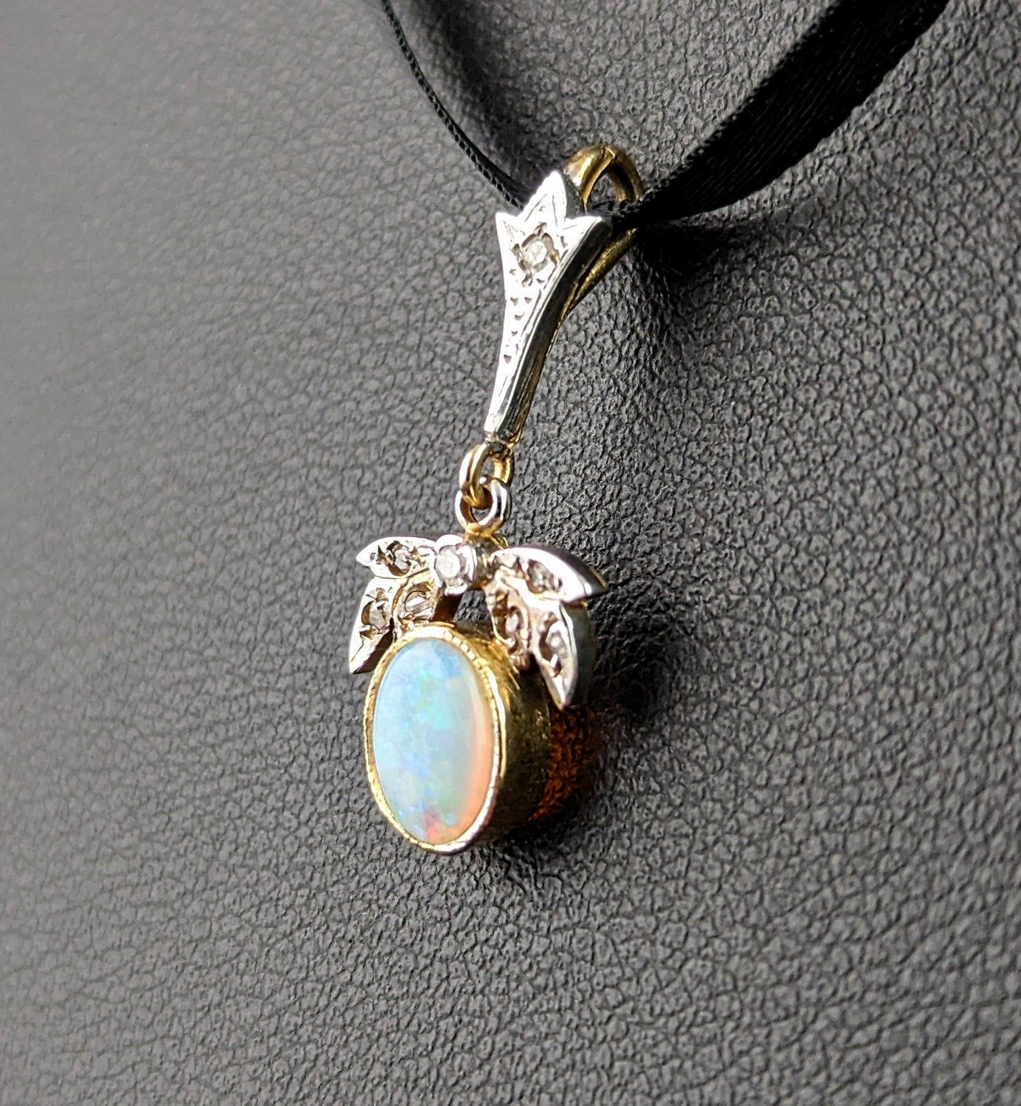 Vintage Opal and Diamond pendant, 9ct gold, Dainty, Art Deco style