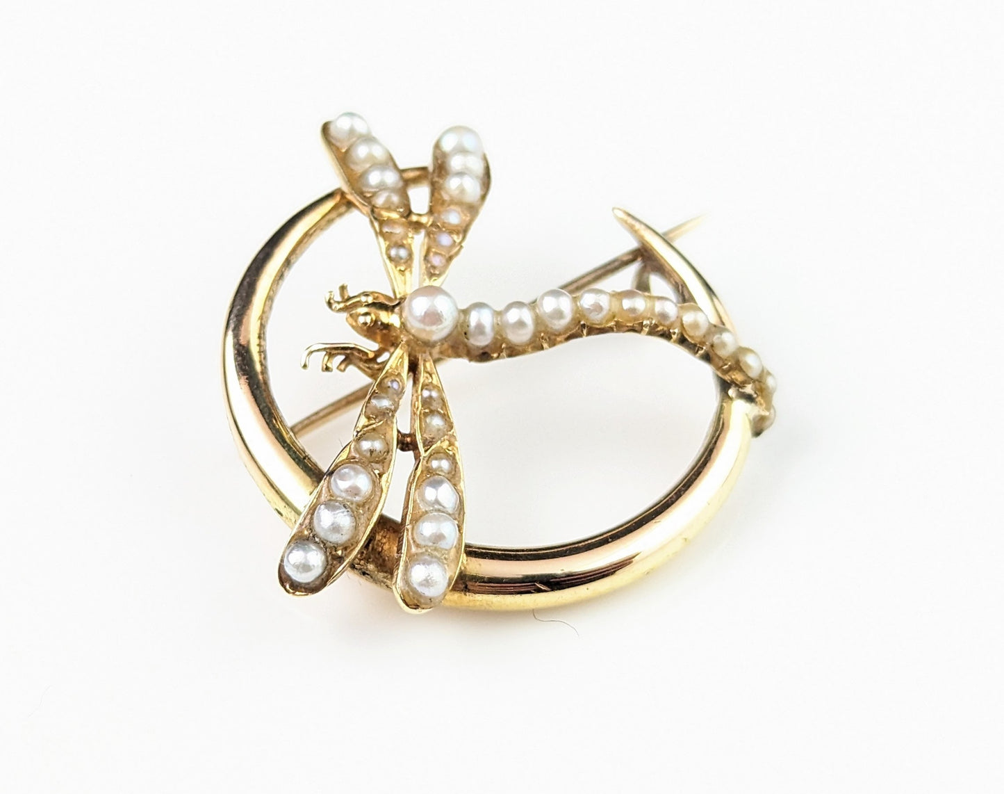 Antique 9ct gold Crescent moon and Dragonfly brooch, Pearl