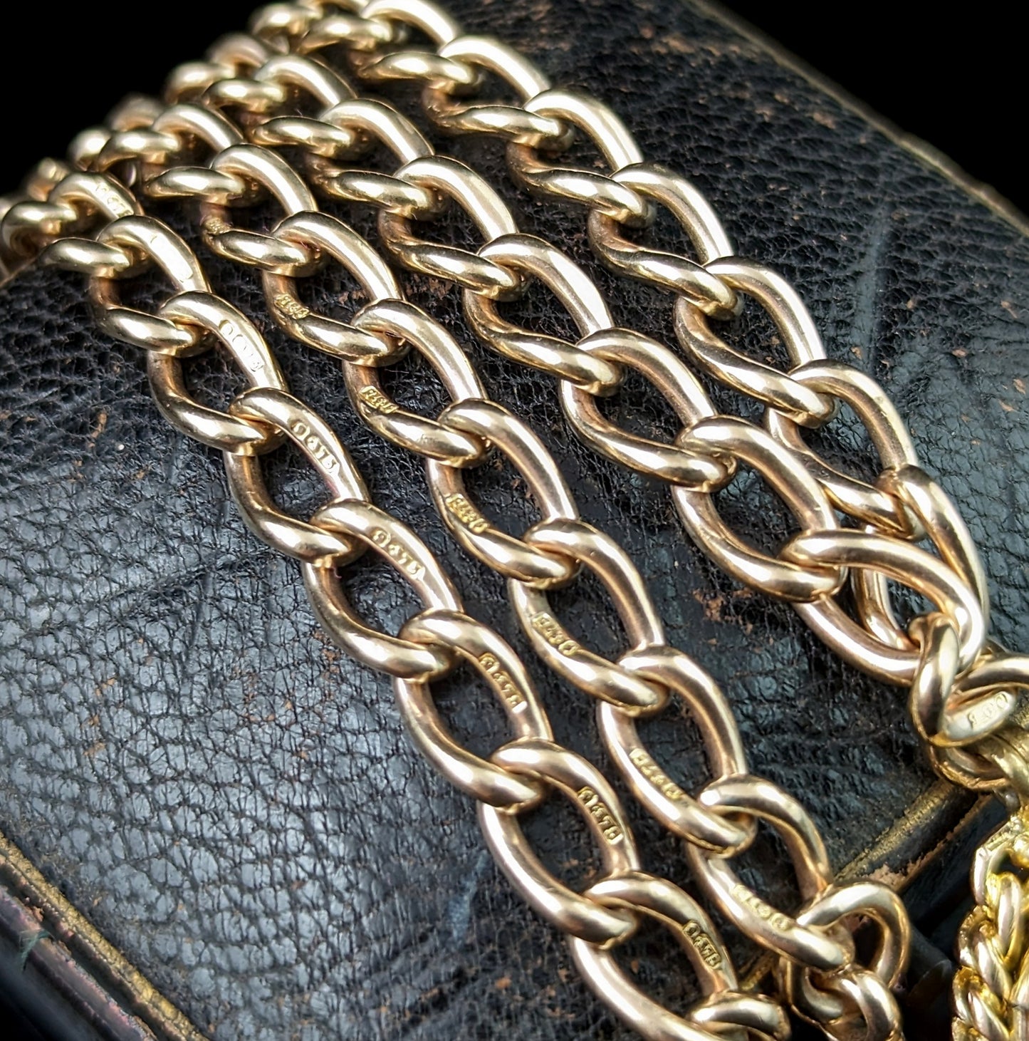 Vintage 9ct gold open curb link Albert chain, watch chain necklace, Fob