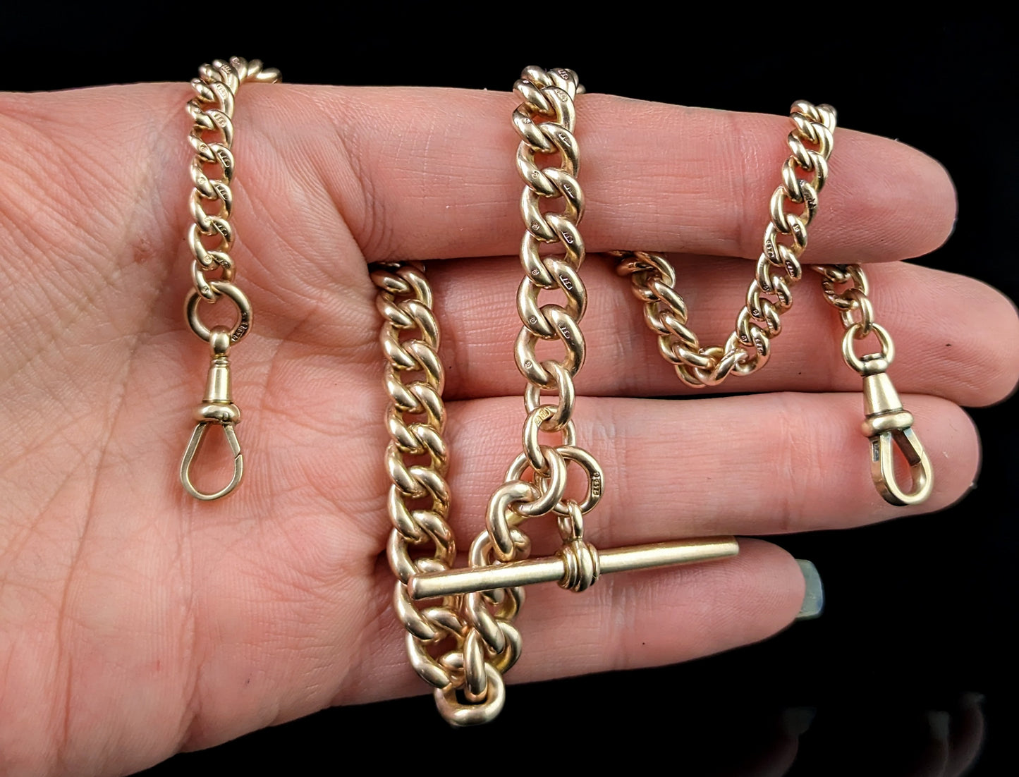 Antique 9ct gold double Albert chain, watch chain necklace, Heavy