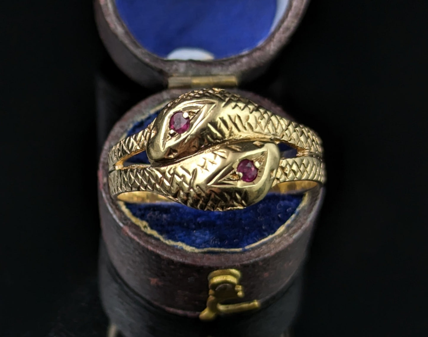 Vintage double snake ring, 9ct gold, ruby, Victorian style