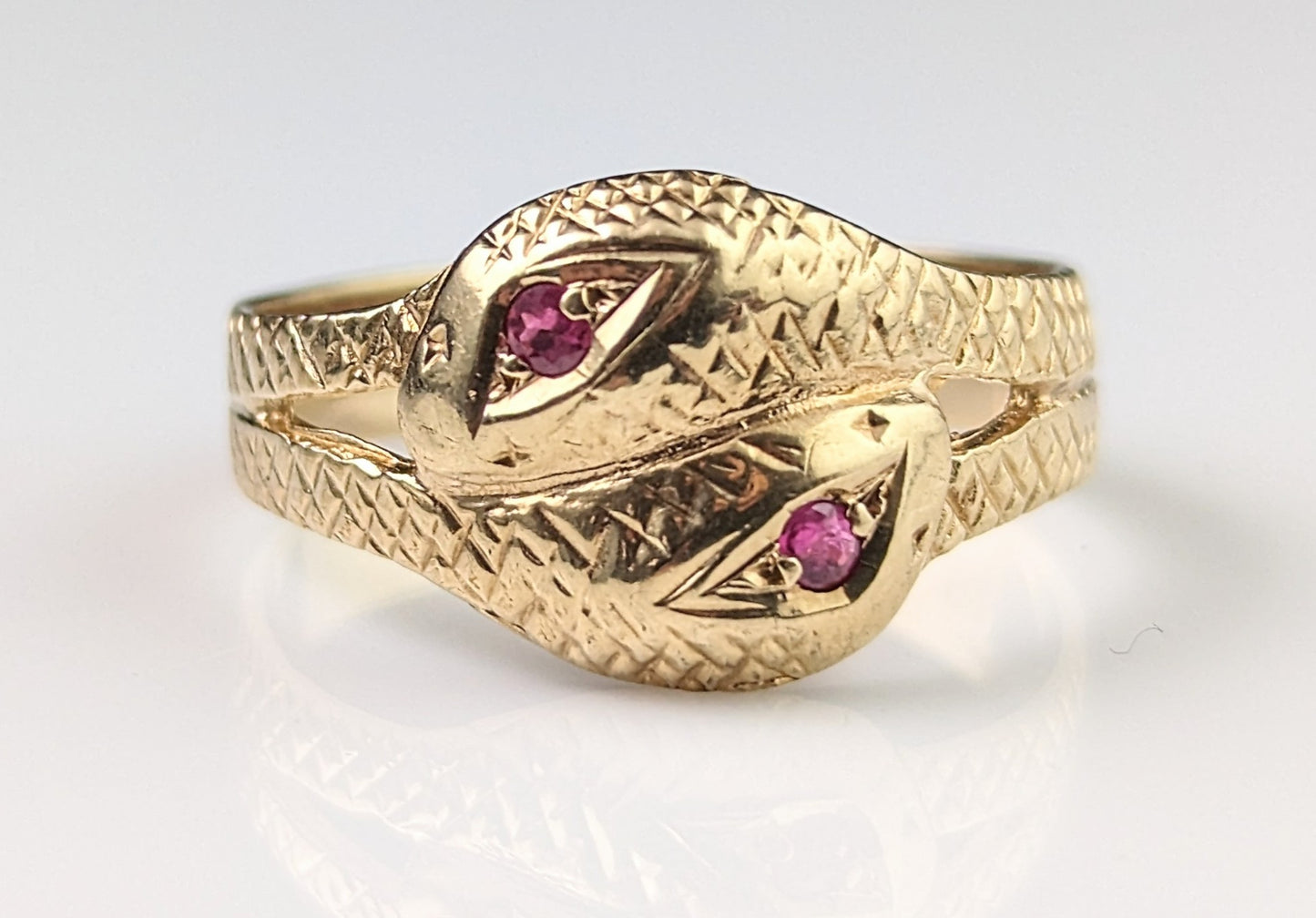 Vintage double snake ring, 9ct gold, ruby, Victorian style