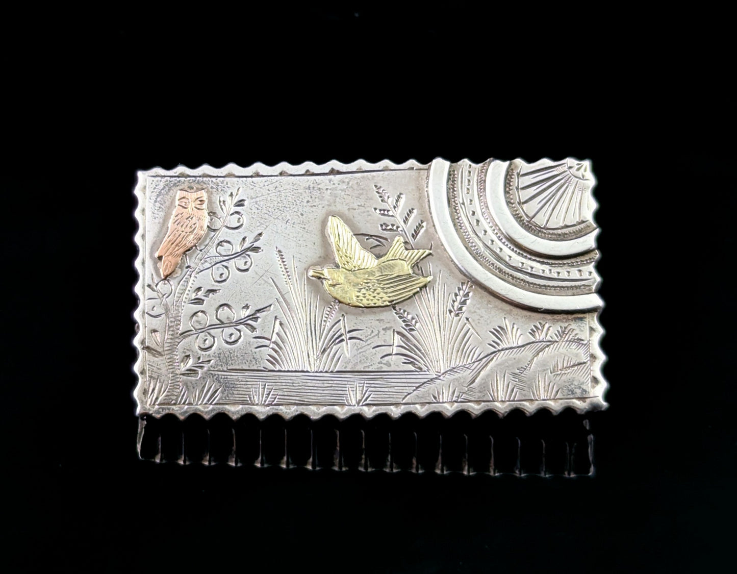 Antique Aesthetic locket brooch, Owl and Swallow, Sterling silver