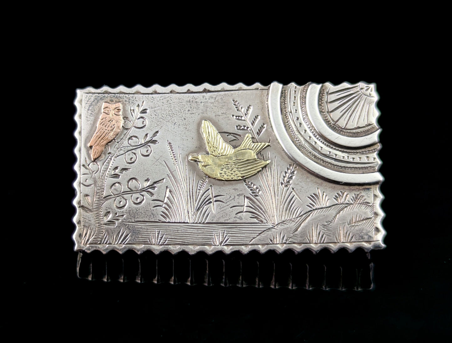 Antique Aesthetic locket brooch, Owl and Swallow, Sterling silver