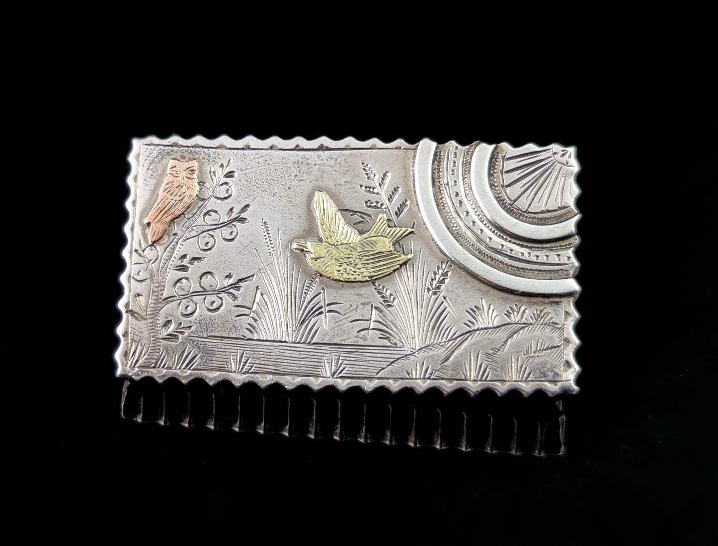 Antique Aesthetic locket brooch, Owl and Swallow, Sterling silver