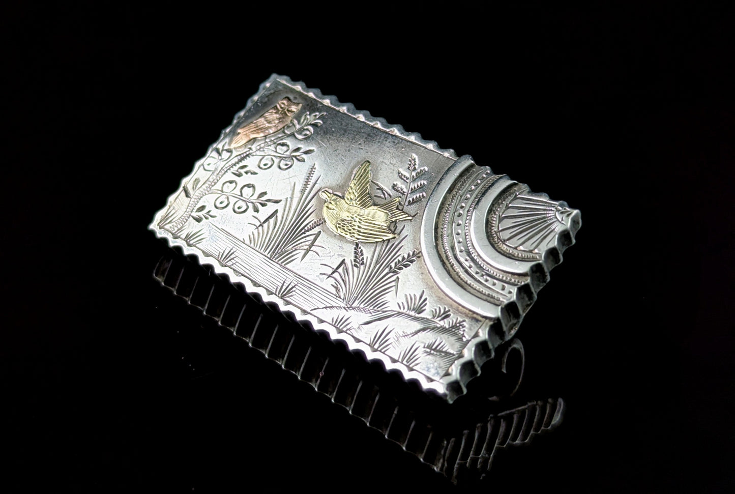 Antique Aesthetic locket brooch, Owl and Swallow, Sterling silver