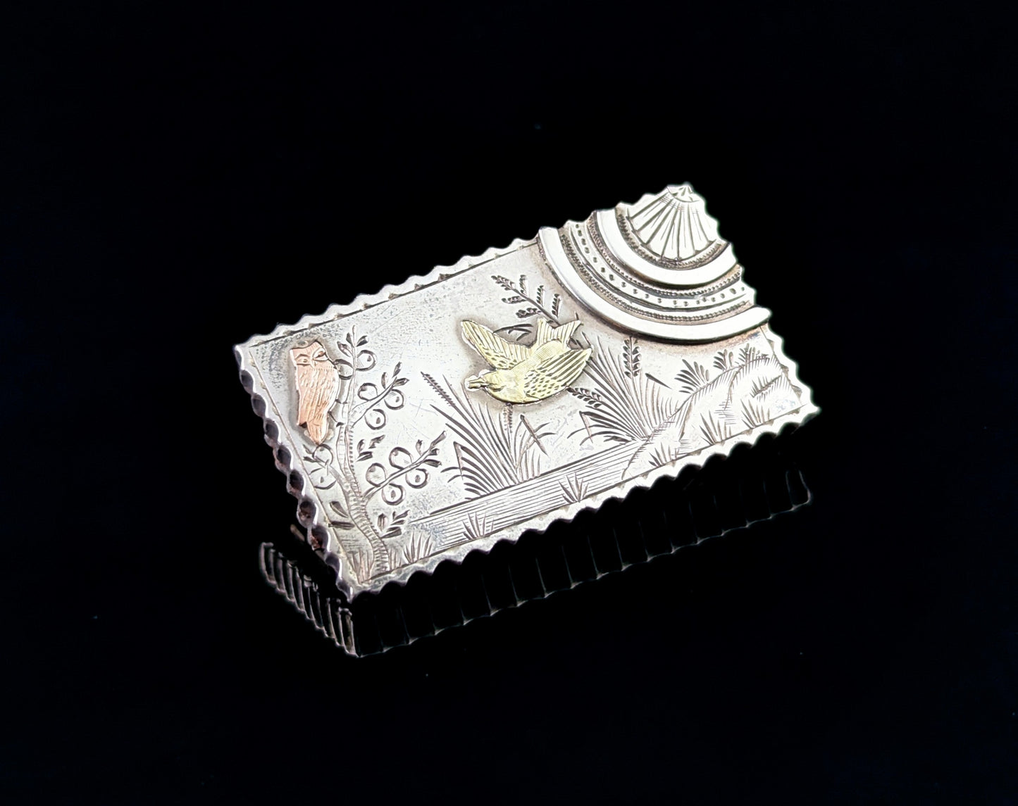 Antique Aesthetic locket brooch, Owl and Swallow, Sterling silver