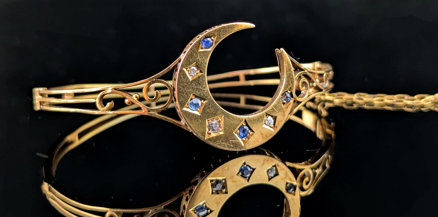 Antique Sapphire and Diamond crescent moon bangle, 9ct yellow gold