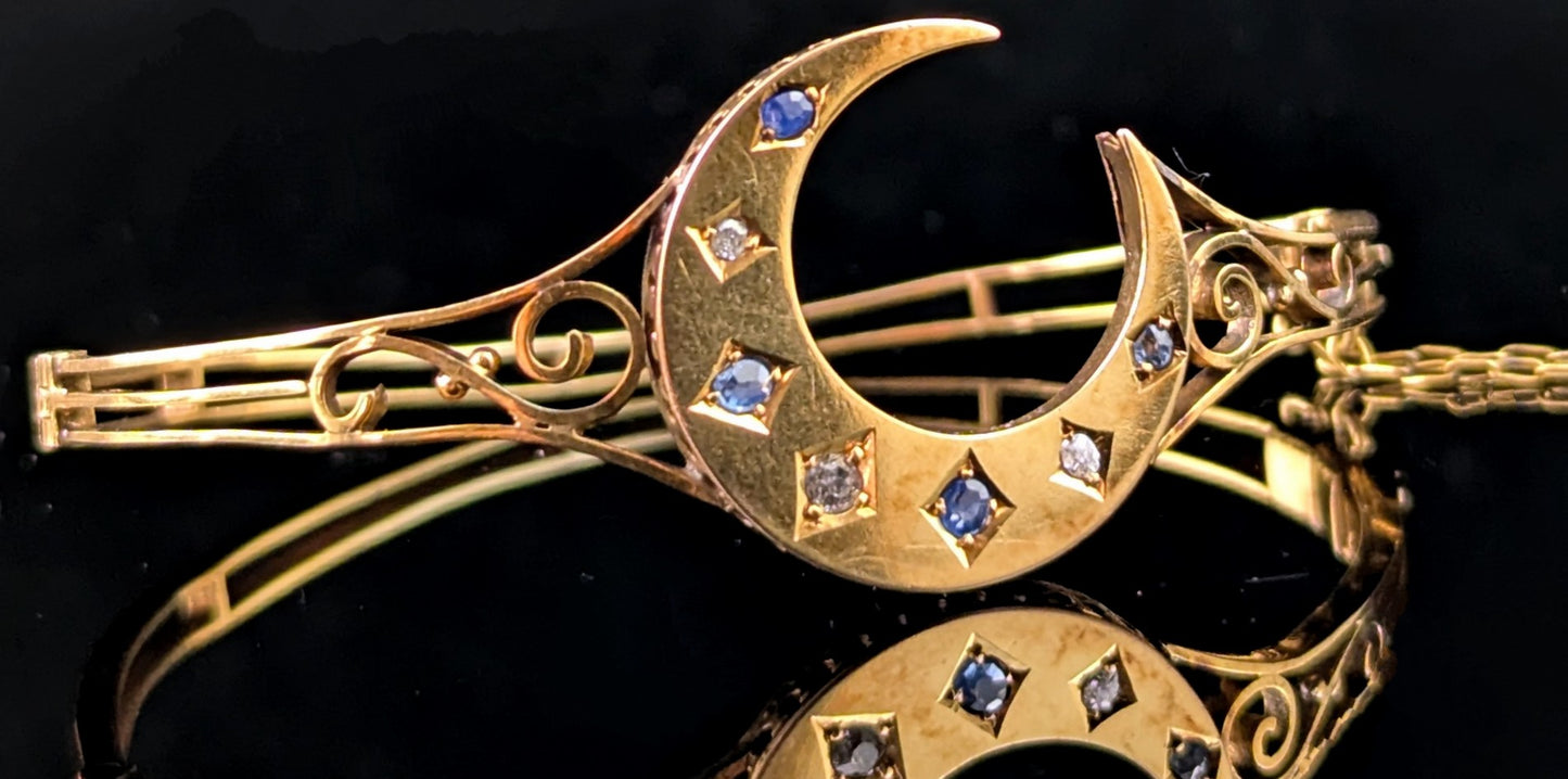 Antique Sapphire and Diamond crescent moon bangle, 9ct yellow gold