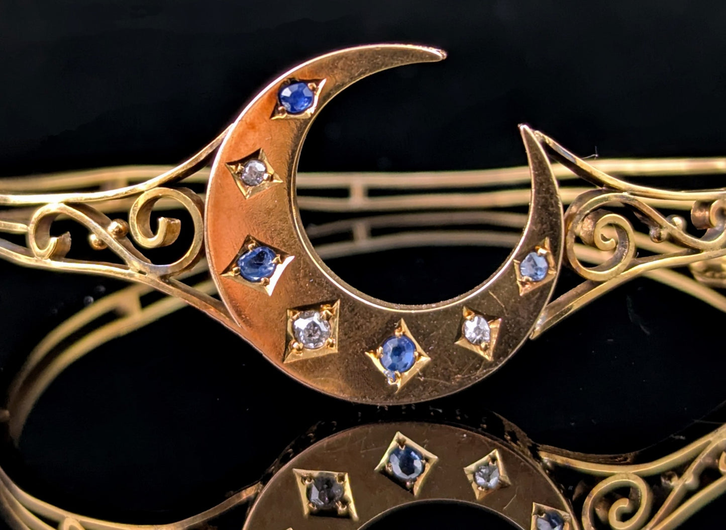 Antique Sapphire and Diamond crescent moon bangle, 9ct yellow gold