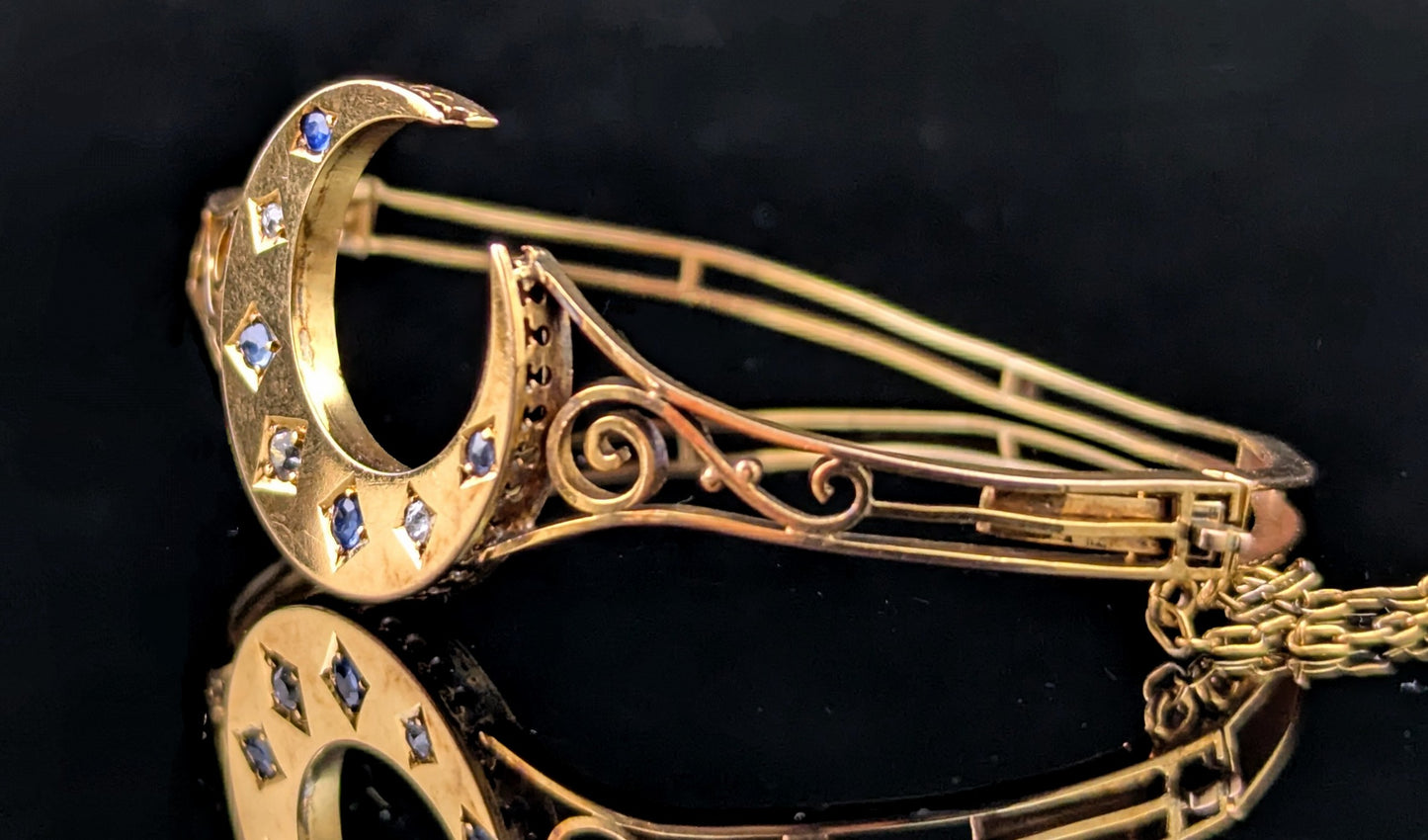 Antique Sapphire and Diamond crescent moon bangle, 9ct yellow gold