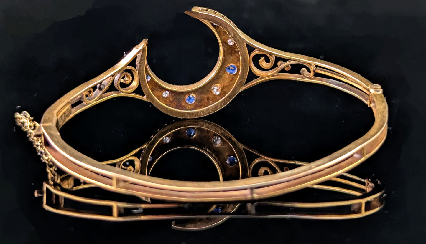 Antique Sapphire and Diamond crescent moon bangle, 9ct yellow gold