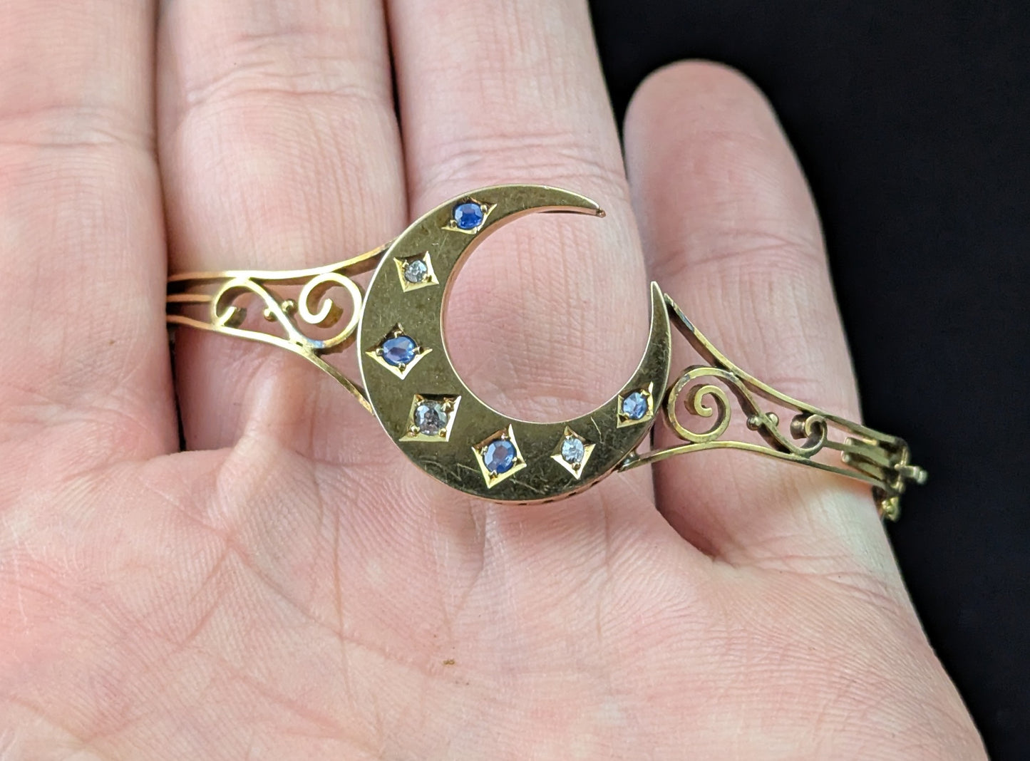 Antique Sapphire and Diamond crescent moon bangle, 9ct yellow gold